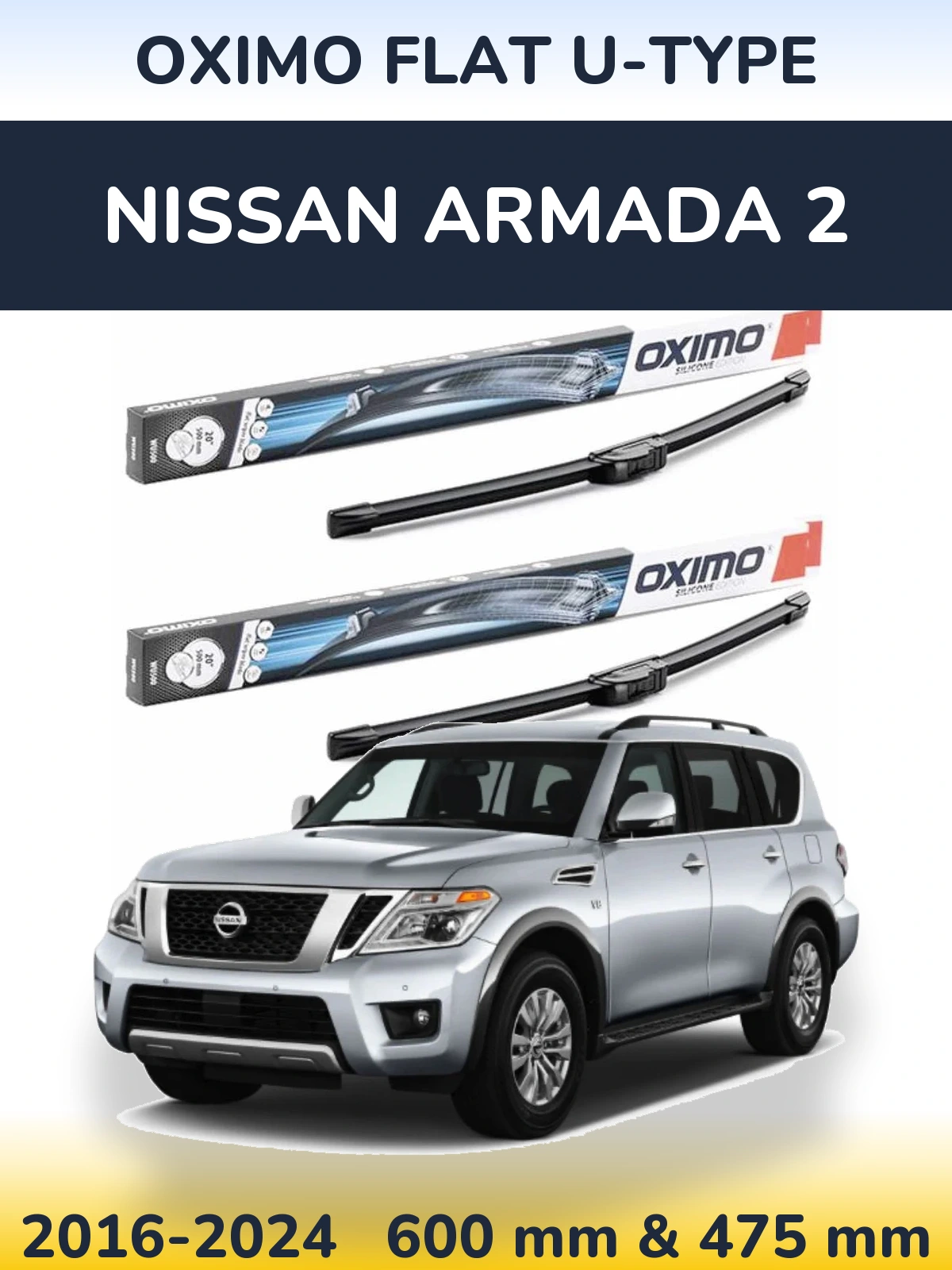Комплект передних дворников Oximo Flat U-type 600 & 475 мм для Nissan Armada 2 2016-2024