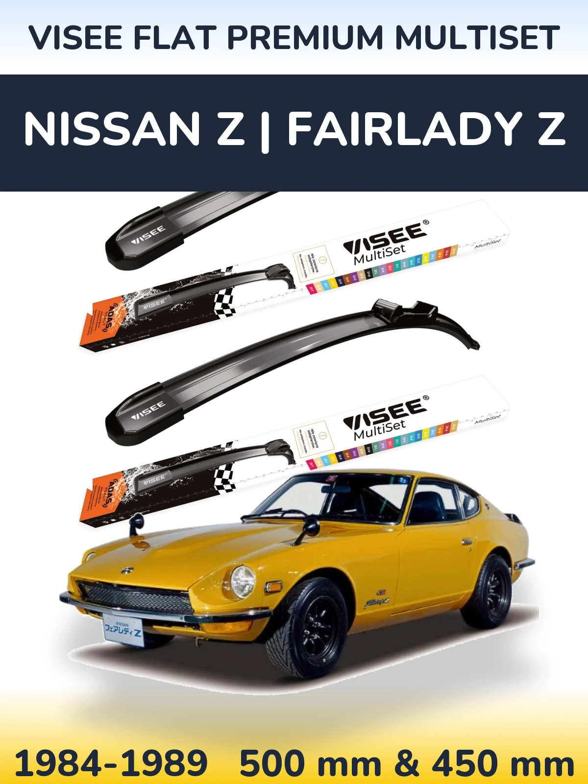 Front wiper blade set VISEE FLAT PREMIUM MultiSet 500 & 450 mm for Nissan Z | Fairlady Z 1984-1989