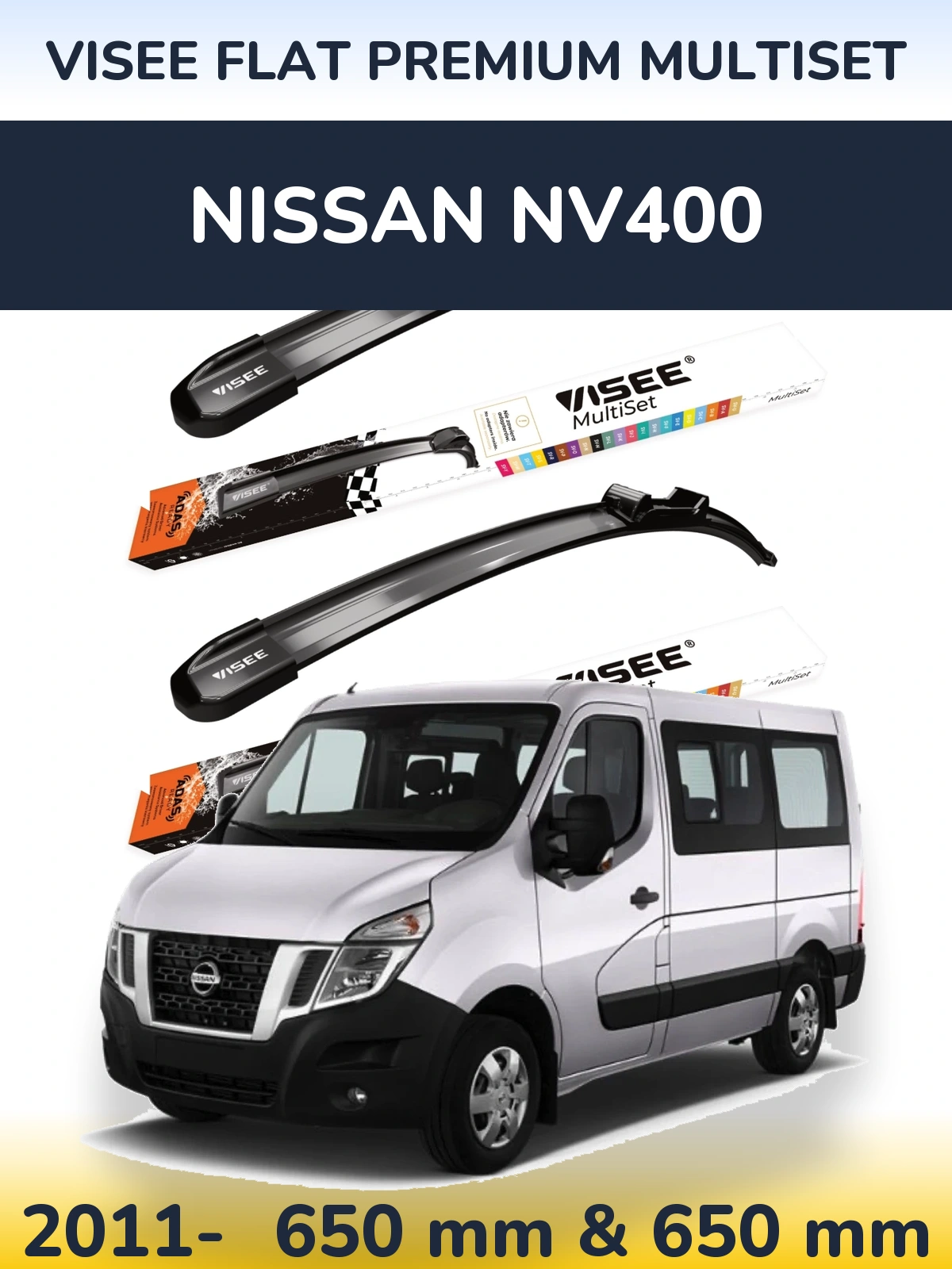 Комплект передних дворников VISEE FLAT PREMIUM MultiSet 650 & 650 мм для Nissan NV400 2011-2026