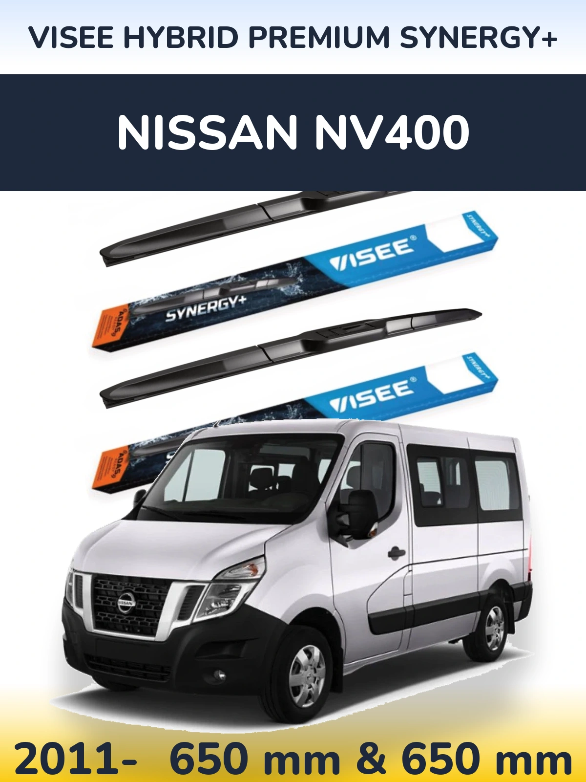 Front wiper blade set VISEE HYBRID PREMIUM SYNERGY+ 650 & 650 mm for Nissan NV400 2011-2026