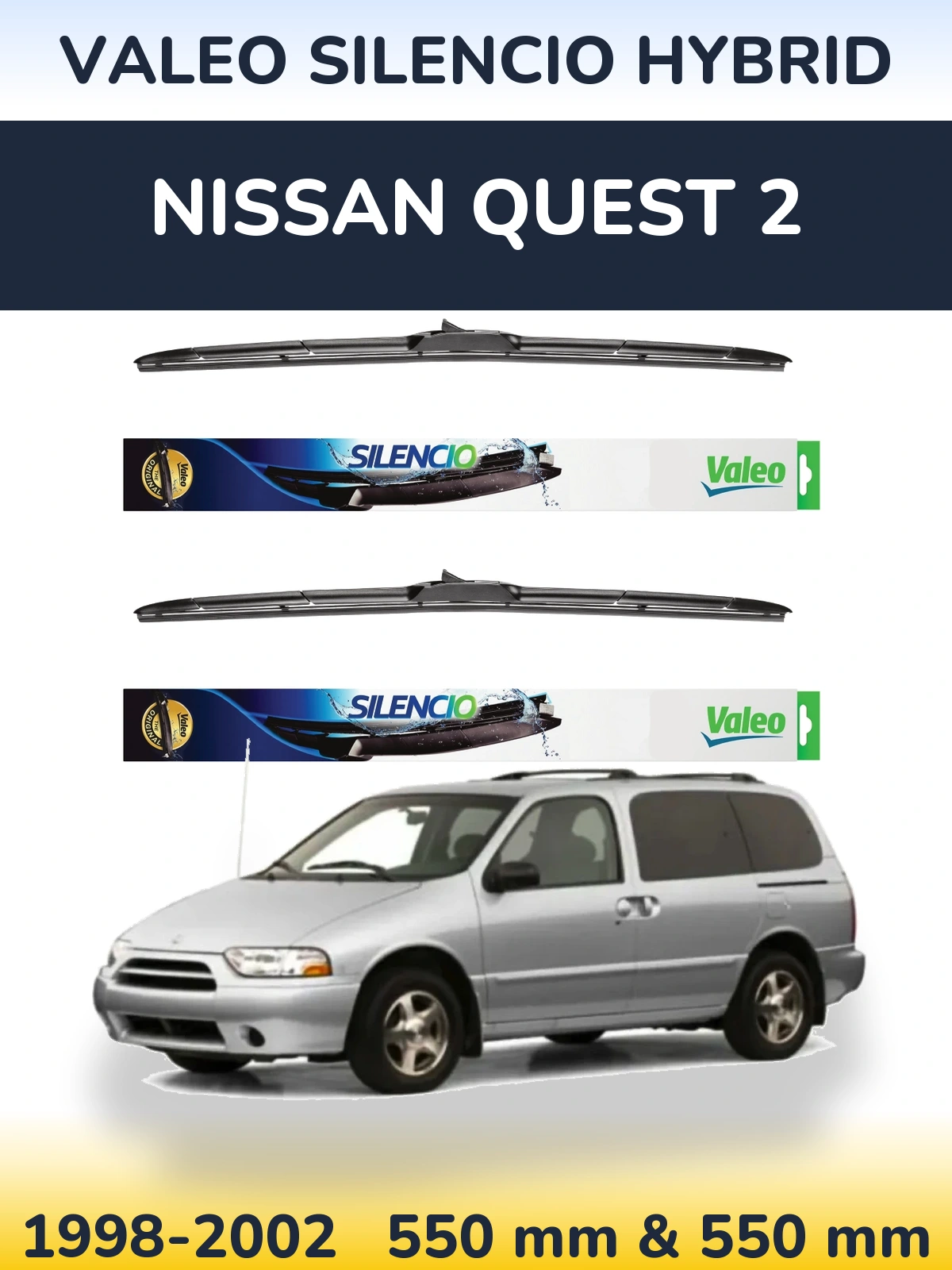 Front wiper blade set Valeo Silencio Hybrid 550 & 550 mm for Nissan Quest 2 1998-2002