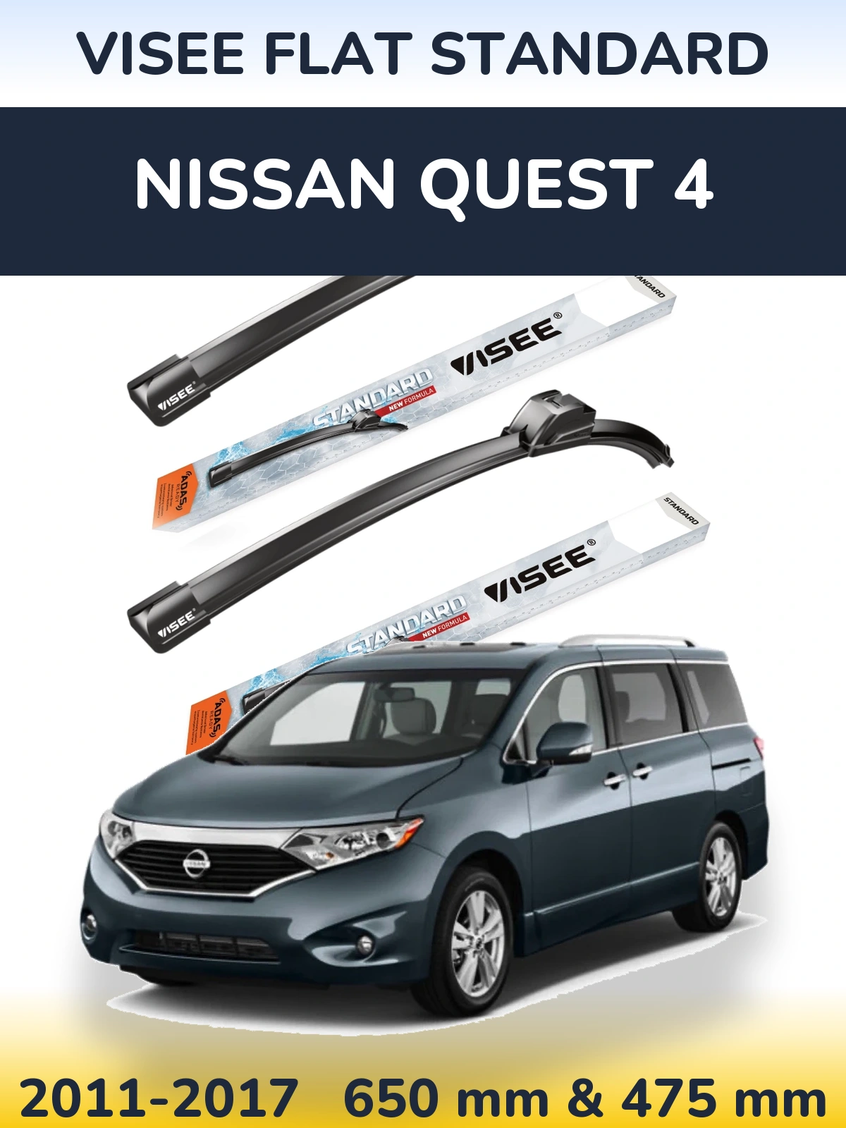 Komplet przednich wycieraczek VISEE FLAT STANDARD 650 & 475 mm do Nissan Quest 4 2011-2017