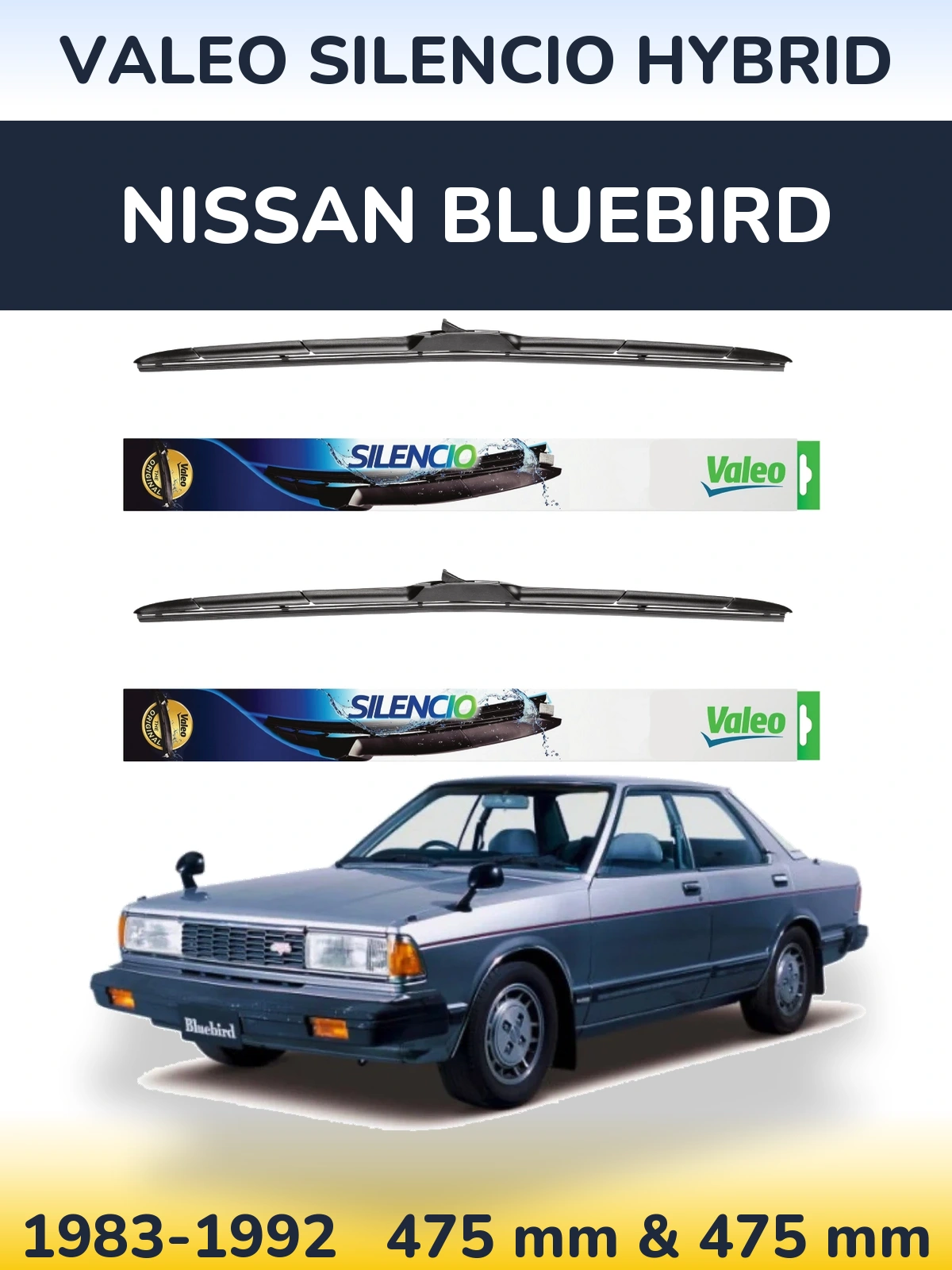Front wiper blade set Valeo Silencio Hybrid 475 & 475 мм for Nissan Bluebird 1983-1992