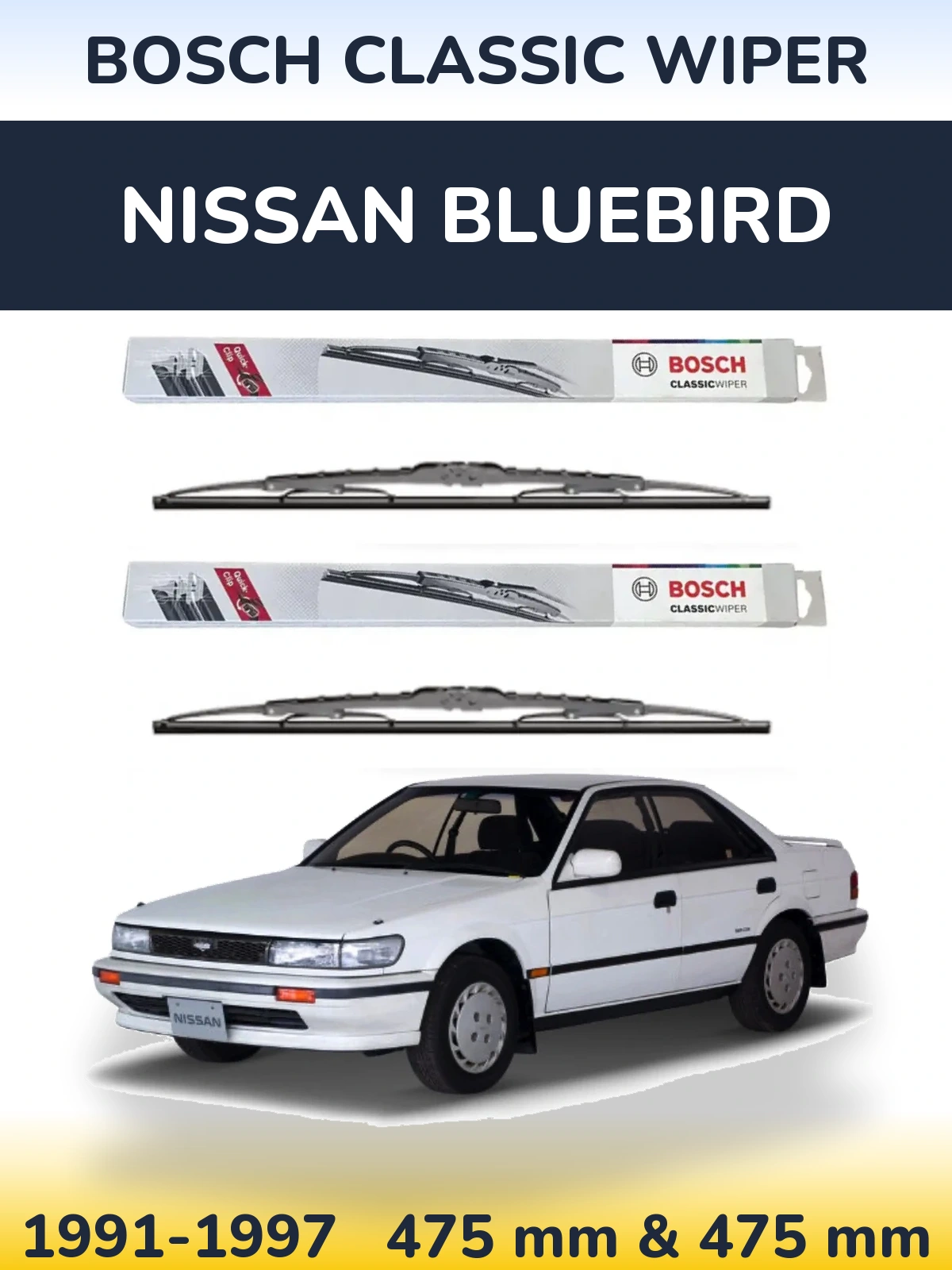 Front wiper blade set BOSCH Classic Wiper 475 & 475 мм for Nissan Bluebird 1991-1997