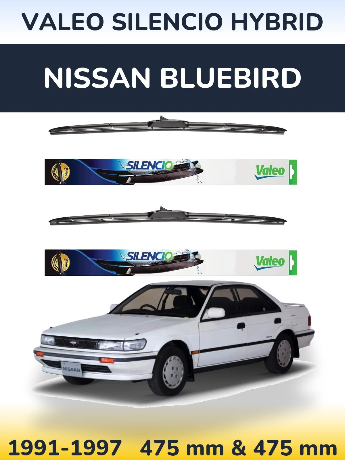 Front wiper blade set Valeo Silencio Hybrid 475 & 475 мм for Nissan Bluebird 1991-1997