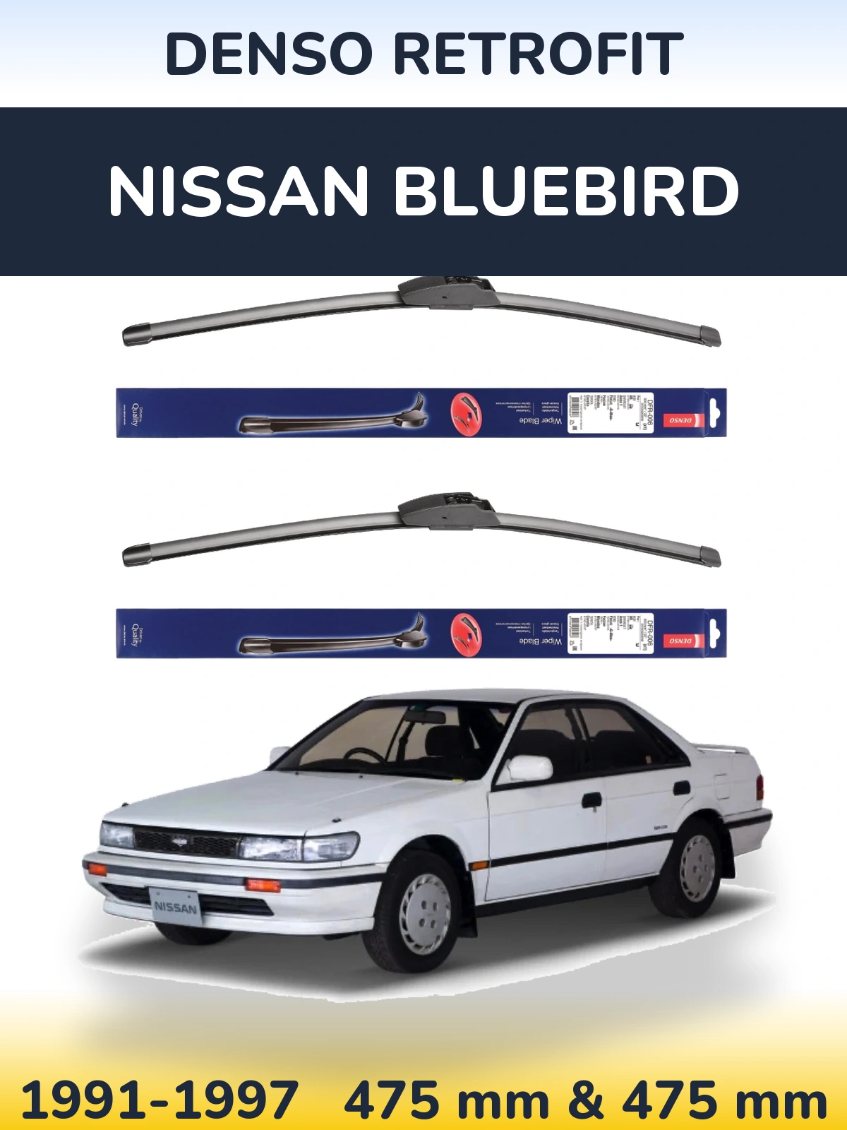 Front wiper blade set Denso Retrofit 475 & 475 mm for Nissan Bluebird 1991-1997