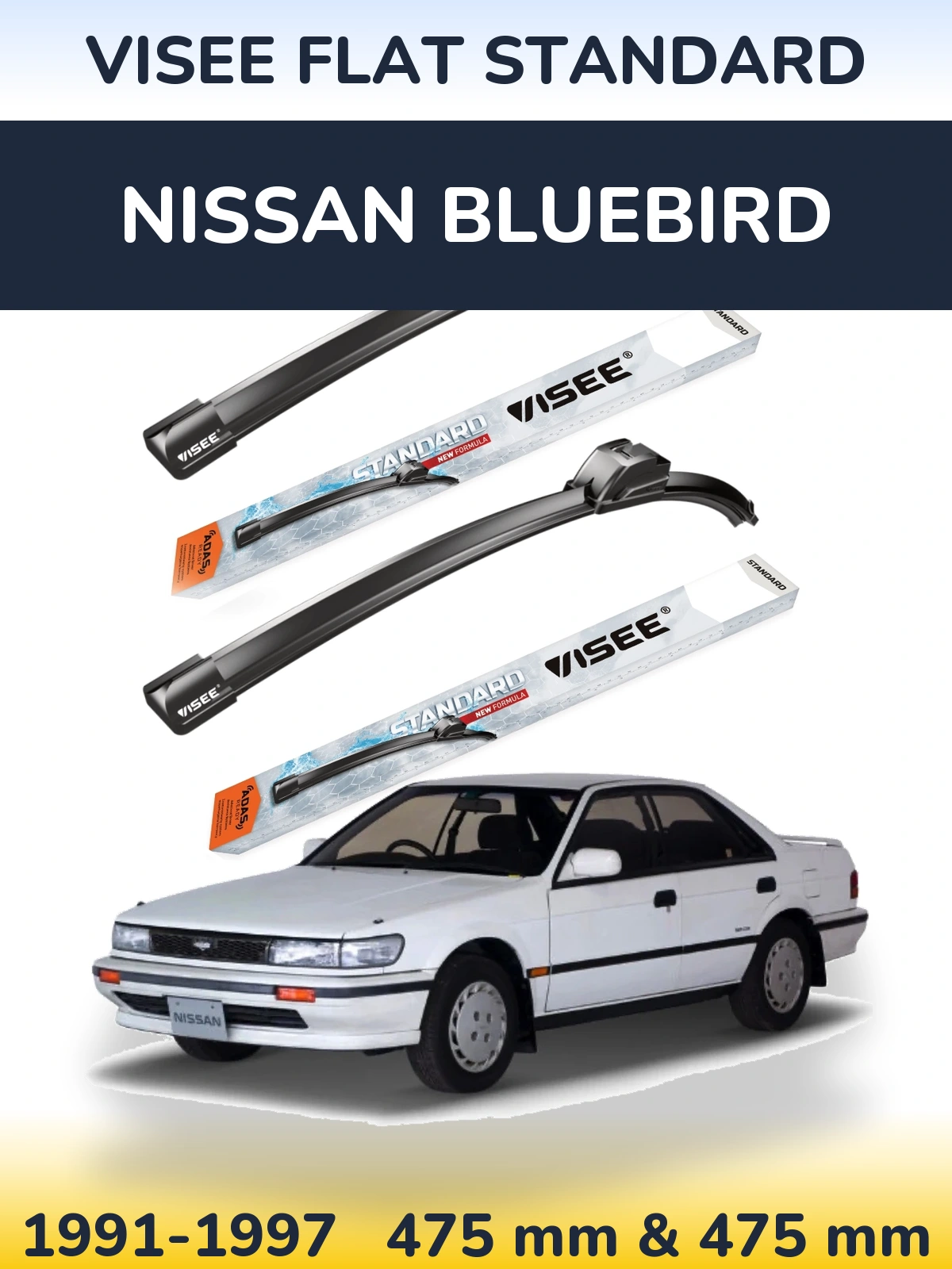 Front wiper blade set VISEE FLAT STANDARD 475 & 475 мм for Nissan Bluebird 1991-1997