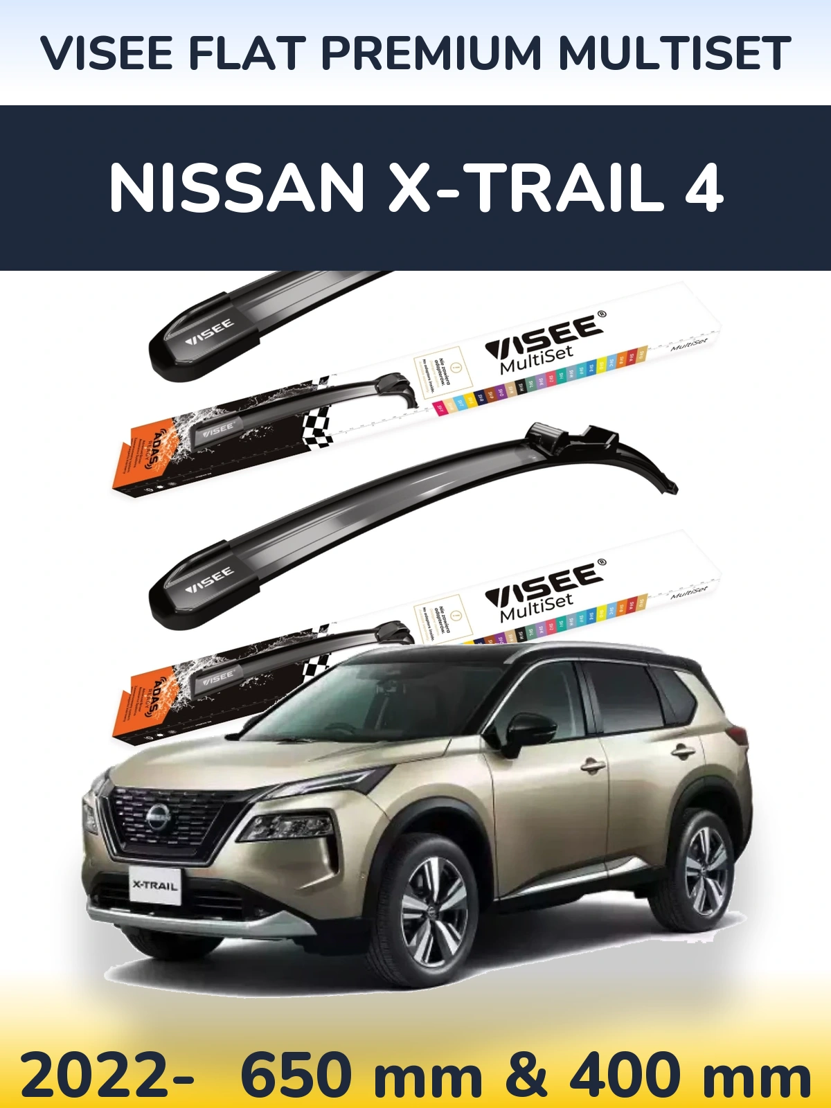 Front wiper blade set VISEE FLAT PREMIUM MultiSet 650 & 400 mm for Nissan X-Trail 4 2022-2026