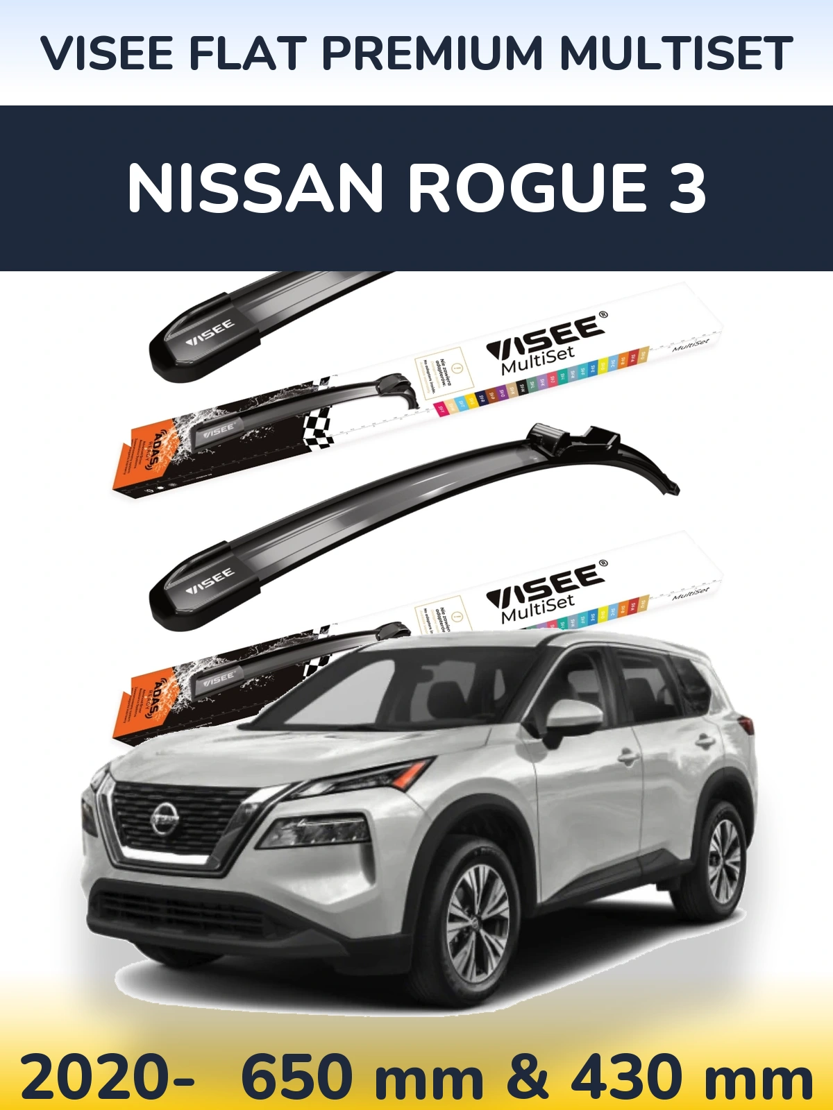 Front wiper blade set VISEE FLAT PREMIUM MultiSet 650 & 430 mm for Nissan Rogue 3 2020-2026