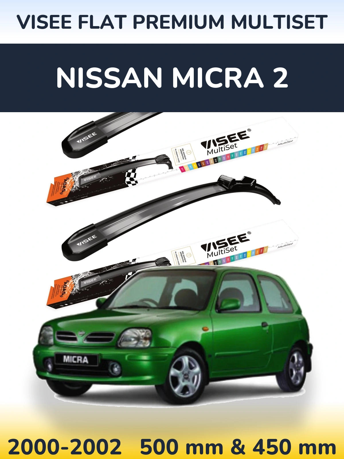 Front wiper blade set VISEE FLAT PREMIUM MultiSet 500 & 450 mm for Nissan Micra 2 2000-2002