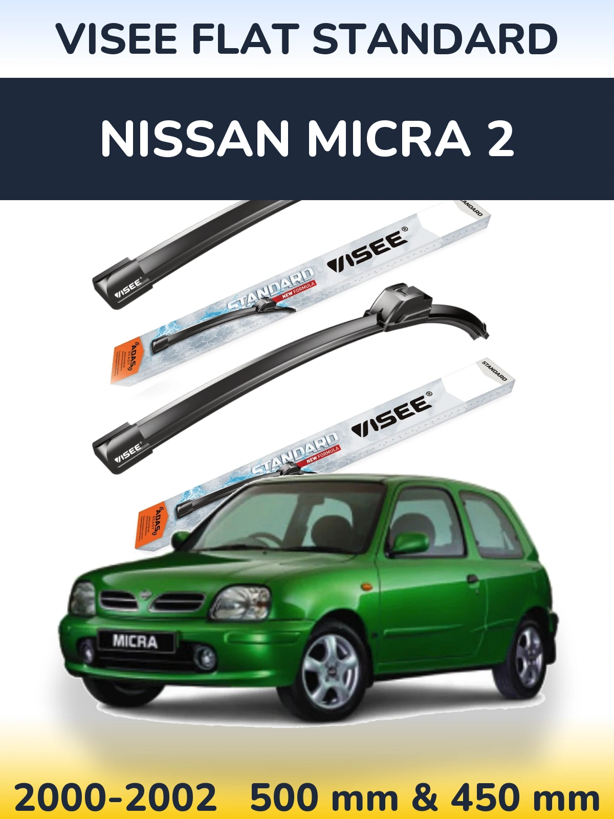 Комплект передних дворников VISEE FLAT STANDARD 500 & 450 мм для Nissan Micra 2 2000-2002