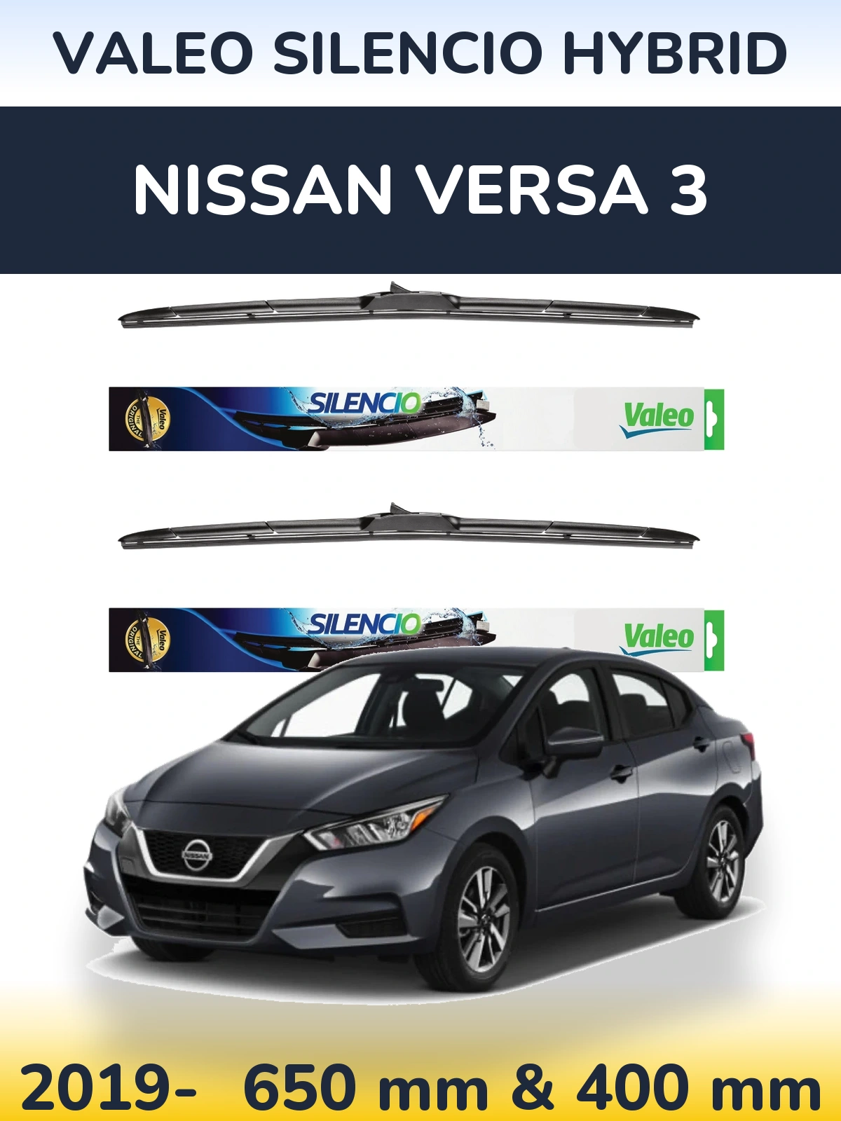 Front wiper blade set Valeo Silencio Hybrid 650 & 400 мм for Nissan Versa 3 2019-2026