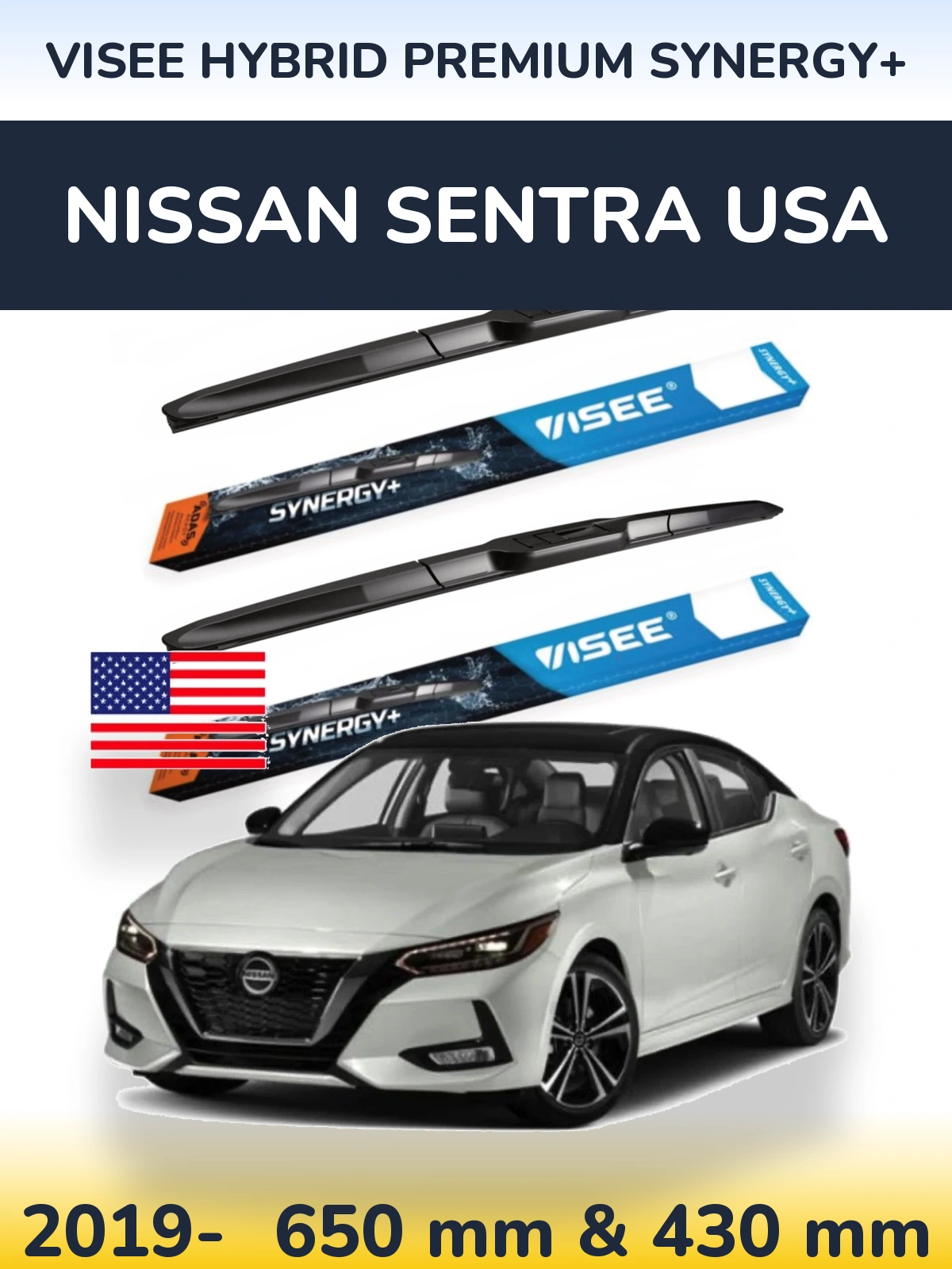 Комплект передніх щіток VISEE HYBRID PREMIUM SYNERGY+ 650 & 430 мм для Nissan Sentra USA 2019-2026