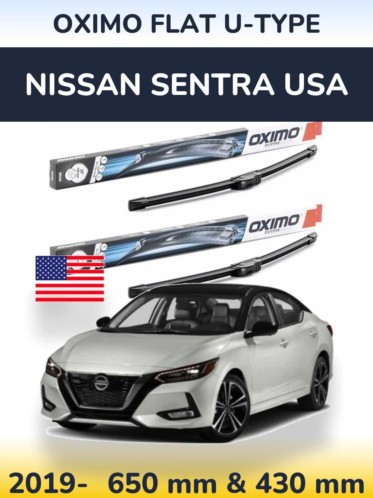 Комплект передних дворников Oximo Flat U-type 650 & 430 мм для Nissan Sentra USA 2019-2026