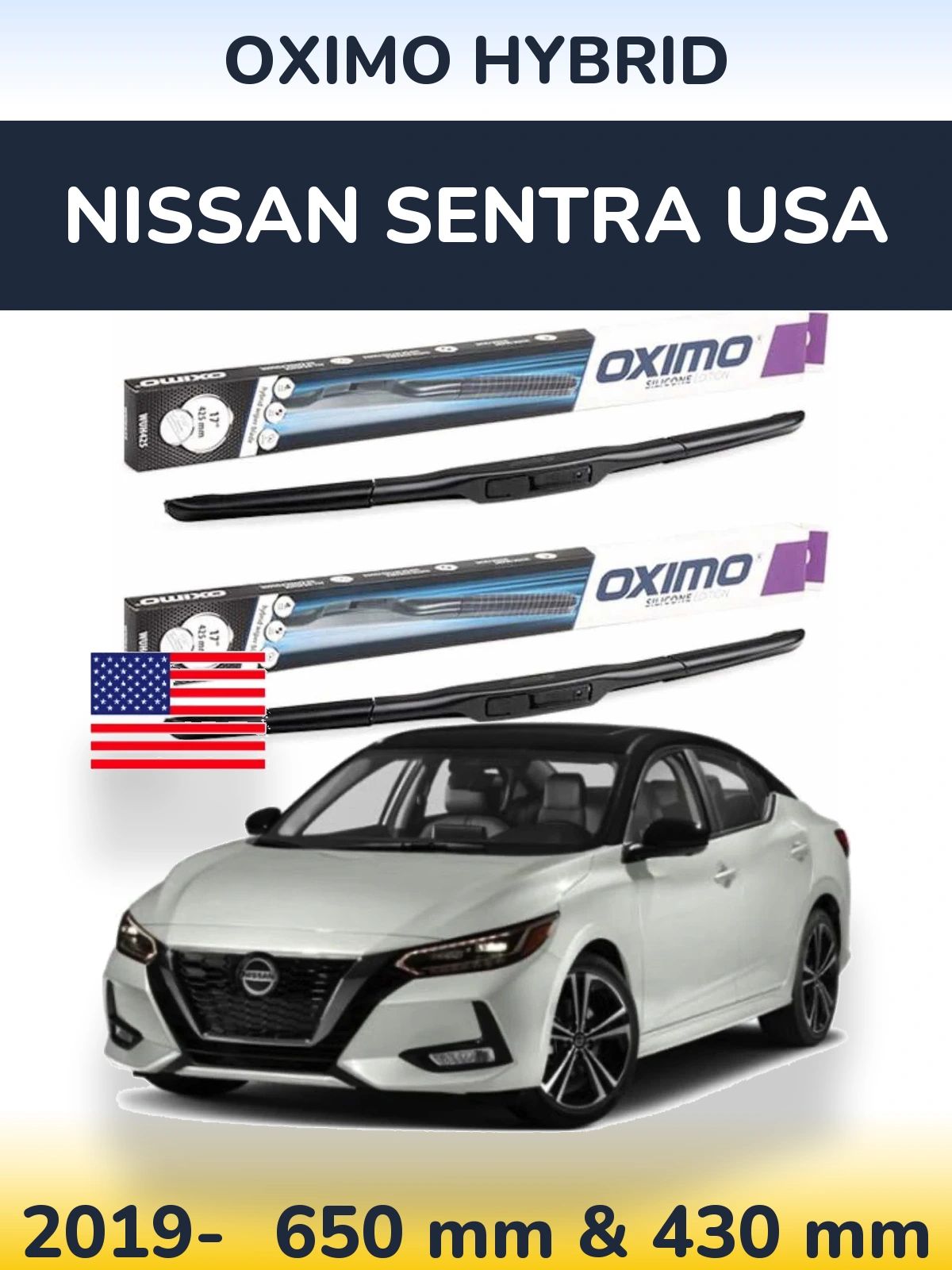 Комплект передних дворников Oximo Hybrid 650 & 430 мм для Nissan Sentra USA 2019-2026