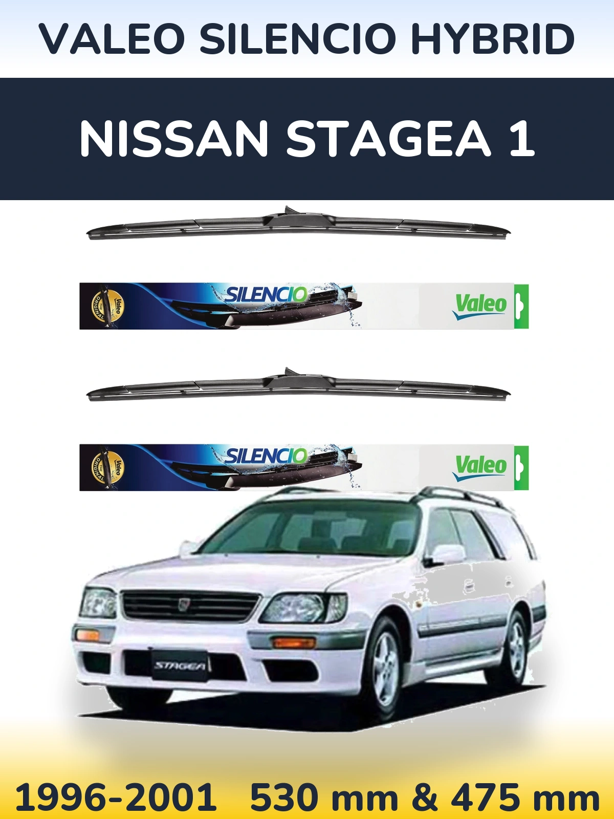 Front wiper blade set Valeo Silencio Hybrid 530 & 475 мм for Nissan Stagea 1 1996-2001