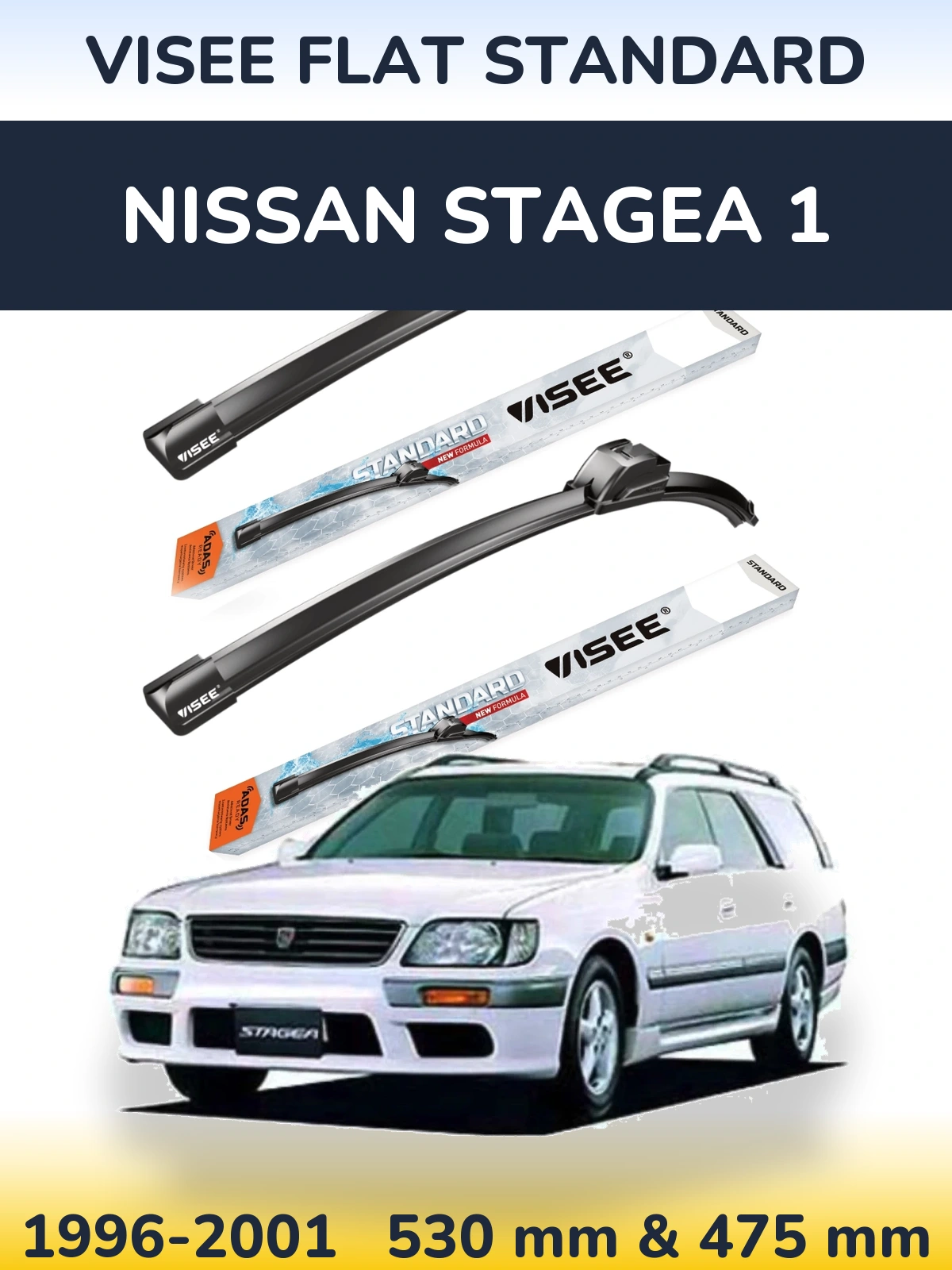 Front wiper blade set VISEE FLAT STANDARD 530 & 475 mm for Nissan Stagea 1 1996-2001