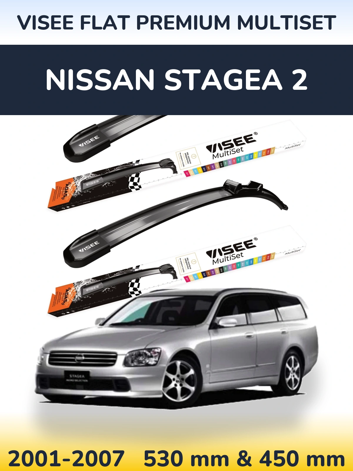 Komplet przednich wycieraczek VISEE FLAT PREMIUM MultiSet 530 & 450 mm do Nissan Stagea 2 2001-2007