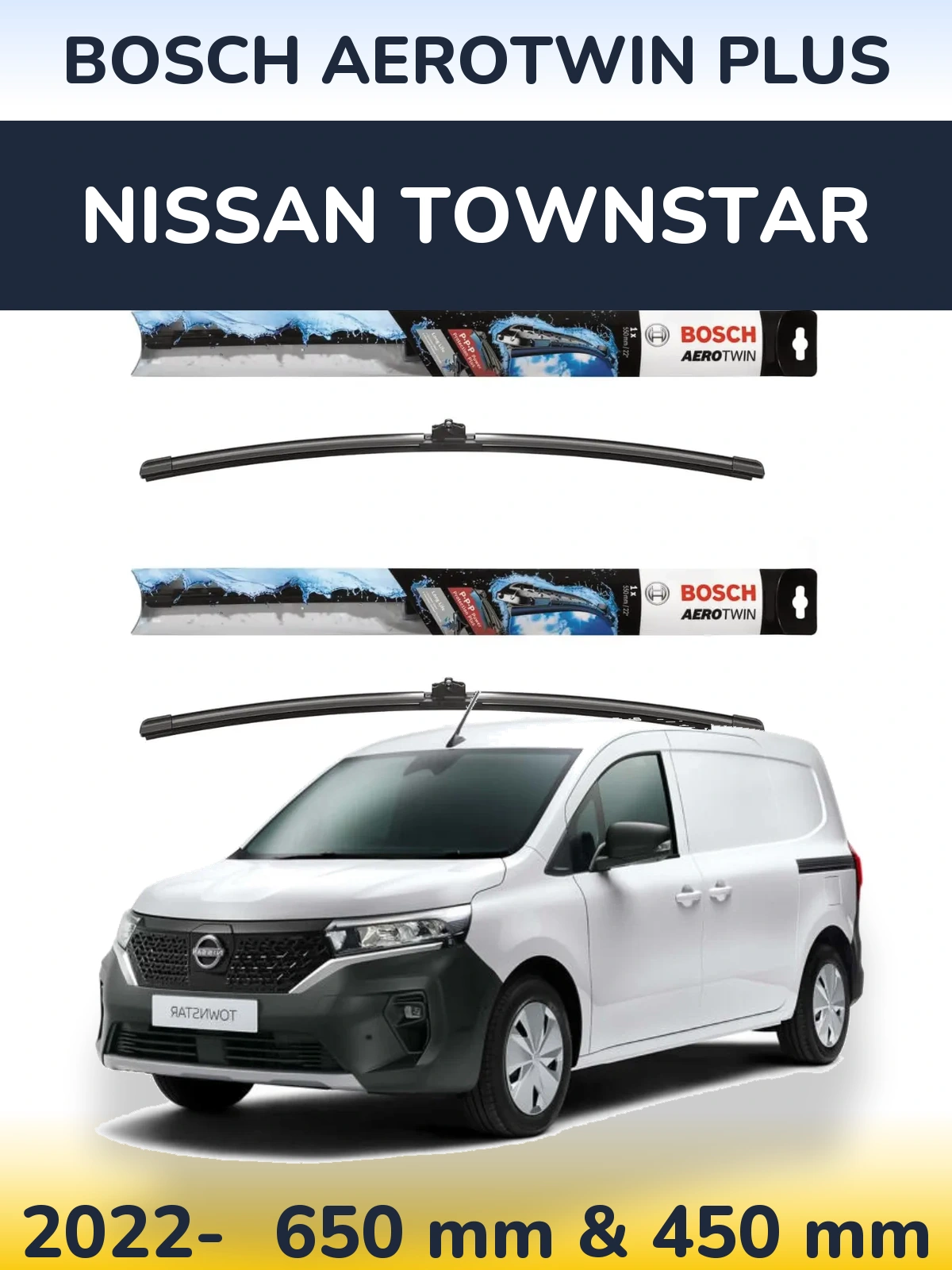 Front wiper blade set BOSCH AeroTwin Plus 650 & 450 мм for Nissan Townstar 2022-2026