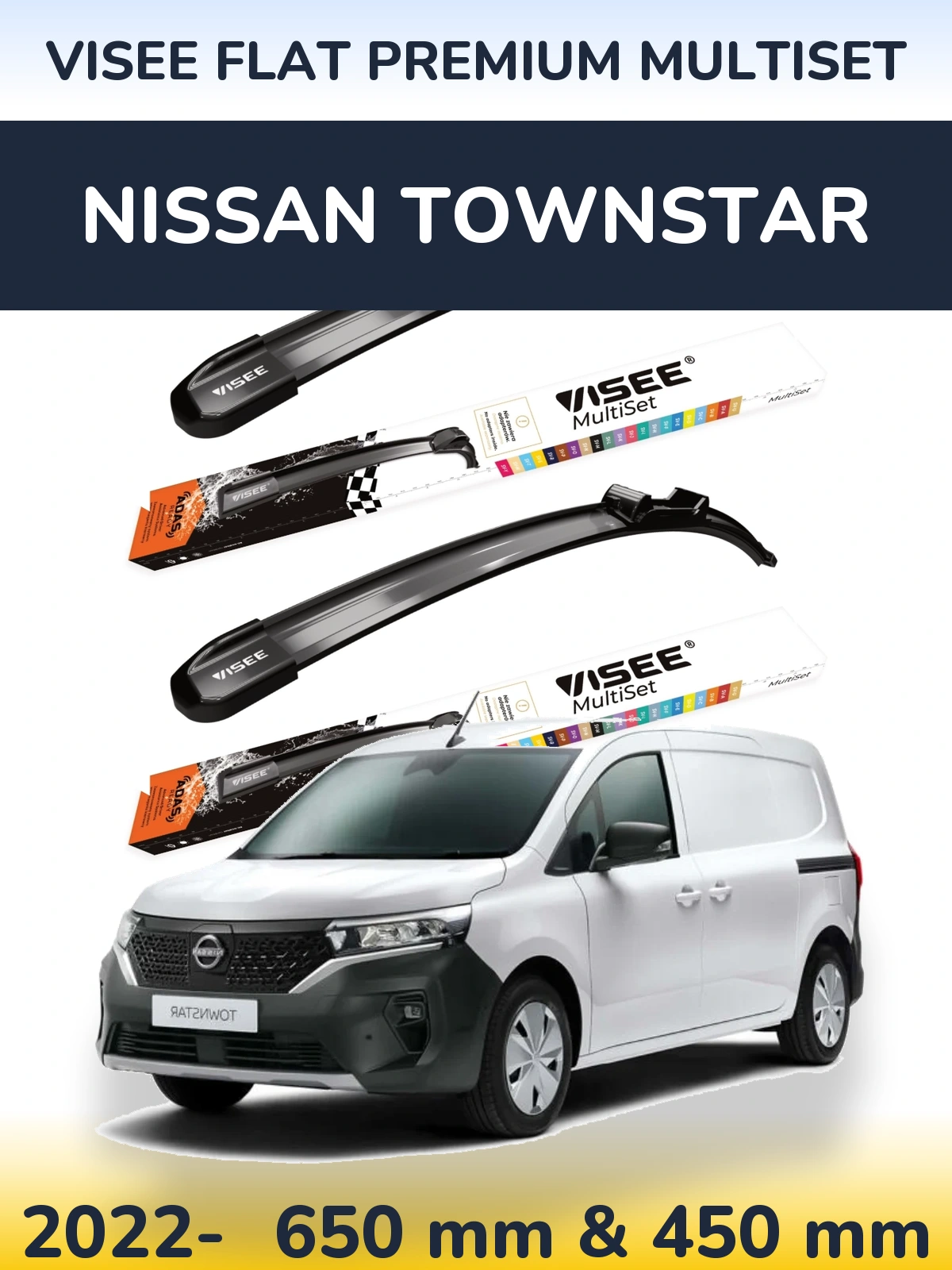 Front wiper blade set VISEE FLAT PREMIUM MultiSet 650 & 450 мм for Nissan Townstar 2022-2026