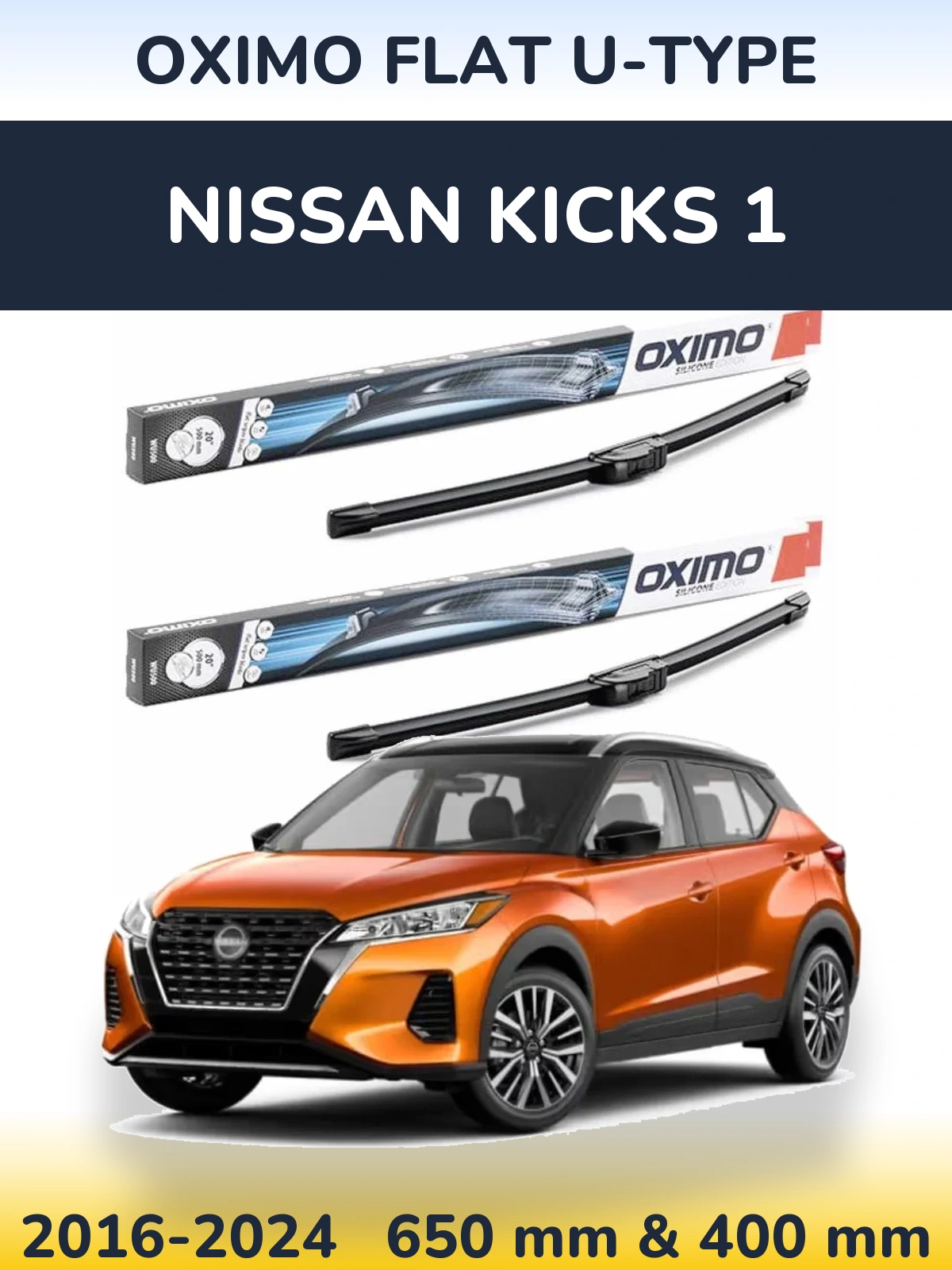 Front wiper blade set Oximo Flat U-type 650 & 400 мм for Nissan Kicks 1 2016-2024