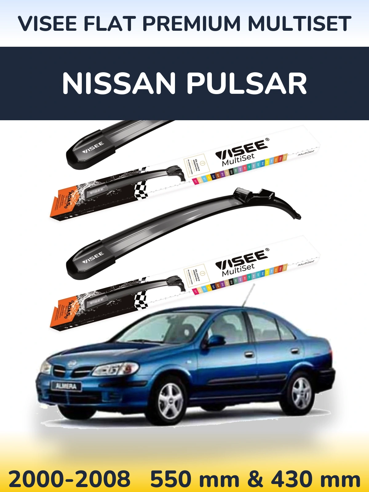 Комплект передних дворников VISEE FLAT PREMIUM MultiSet 550 & 430 мм для Nissan Pulsar 2000-2008