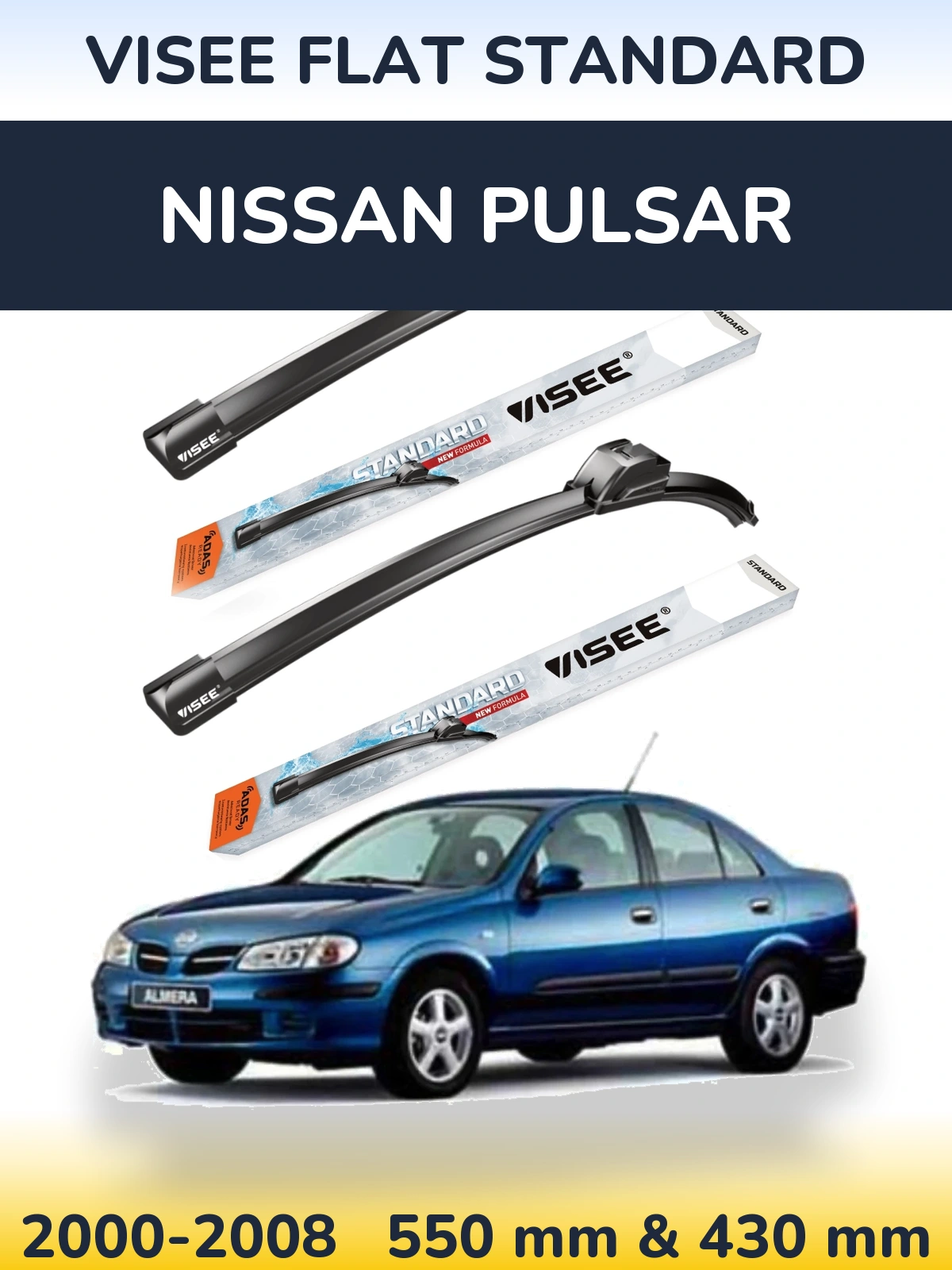 Комплект передних дворников VISEE FLAT STANDARD 550 & 430 мм для Nissan Pulsar 2000-2008
