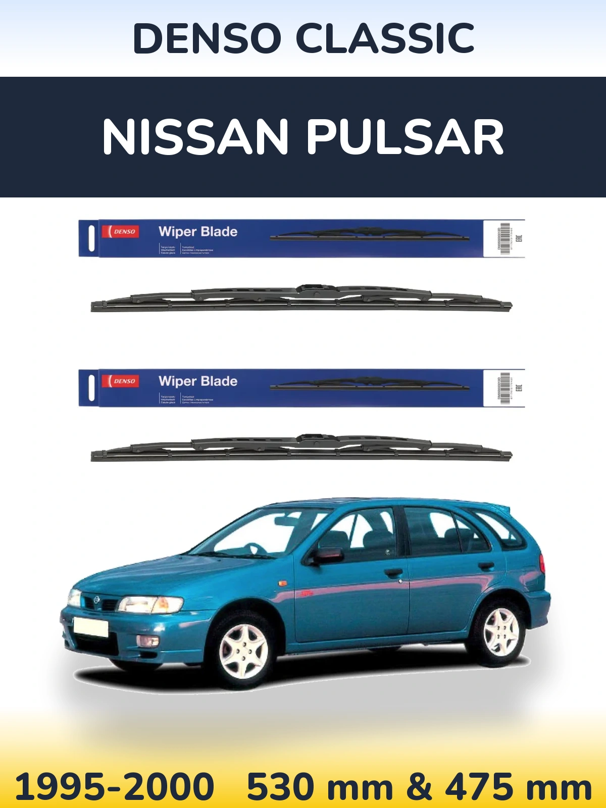 Front wiper blade set Denso Classic 530 & 475 mm for Nissan Pulsar 1995-2000