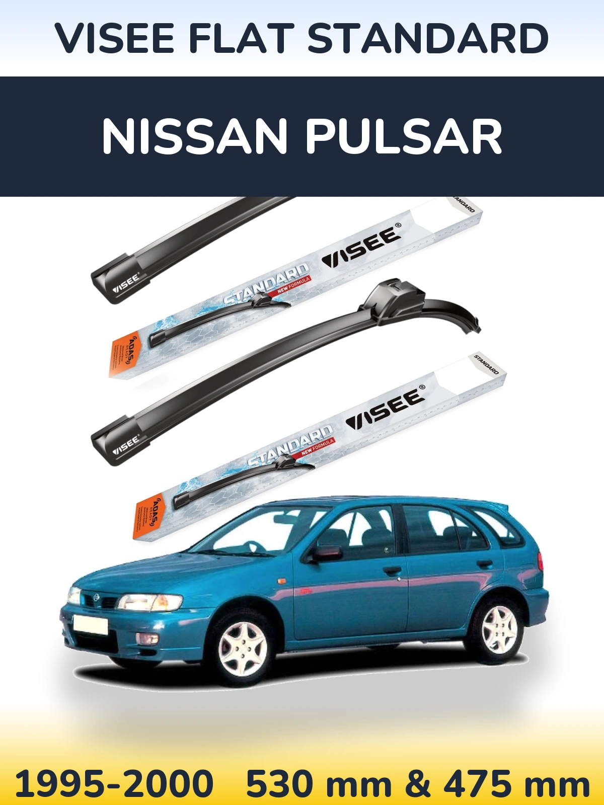 Front wiper blade set VISEE FLAT STANDARD 530 & 475 mm for Nissan Pulsar 1995-2000