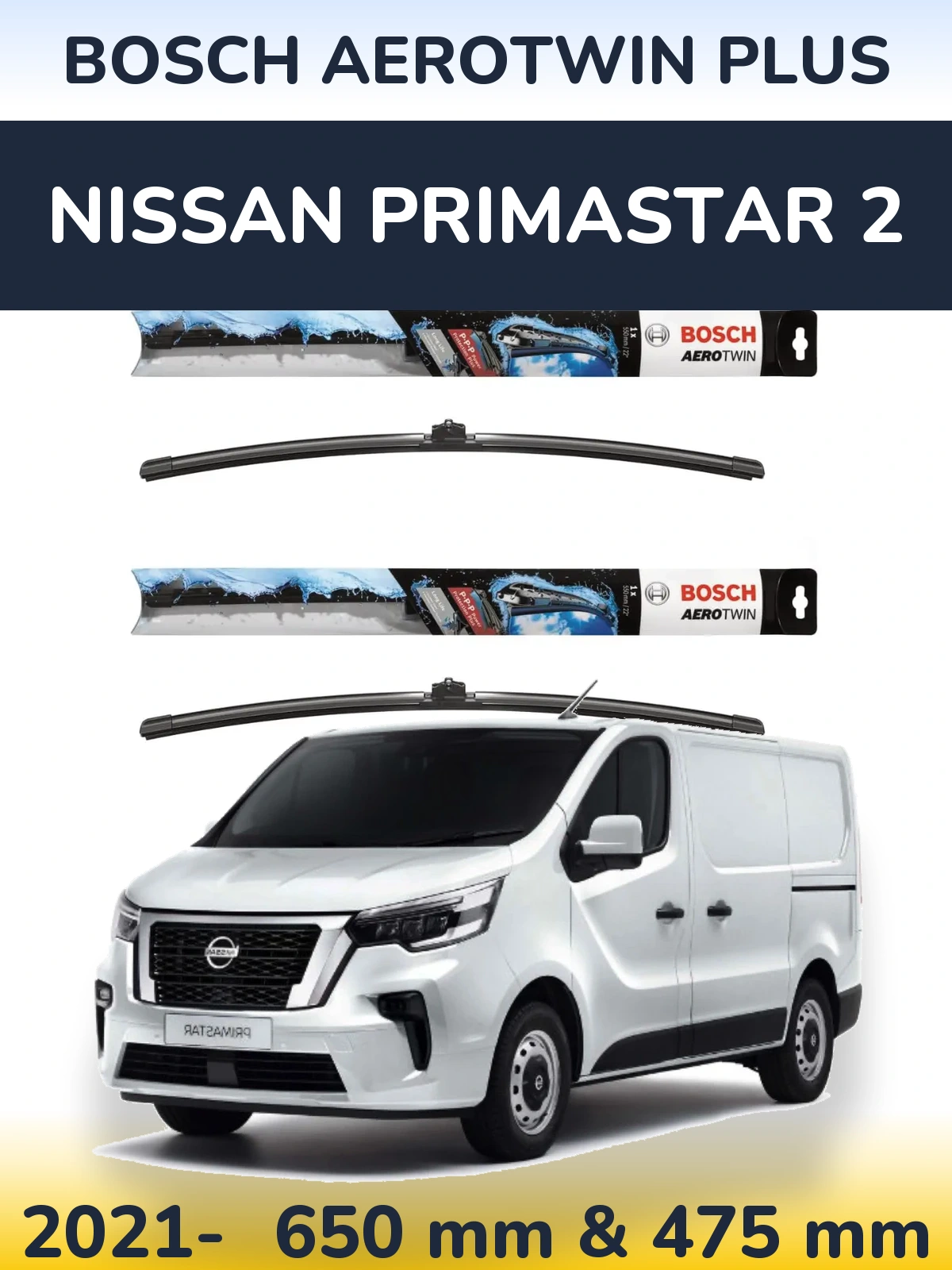 Комплект передних дворников BOSCH AeroTwin Plus 650 & 475 мм для Nissan Primastar 2 2021-2026