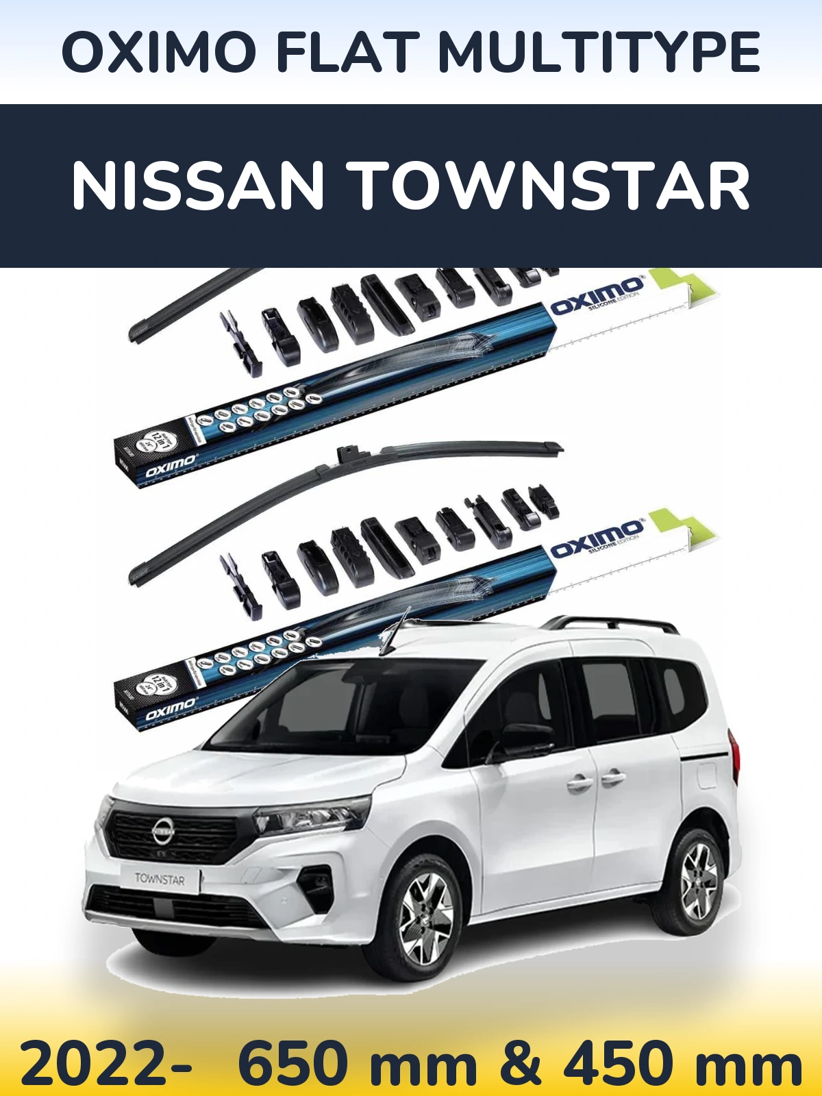 Front wiper blade set Oximo Flat MultiTypee 650 & 450 мм for Nissan Townstar 2022-2026