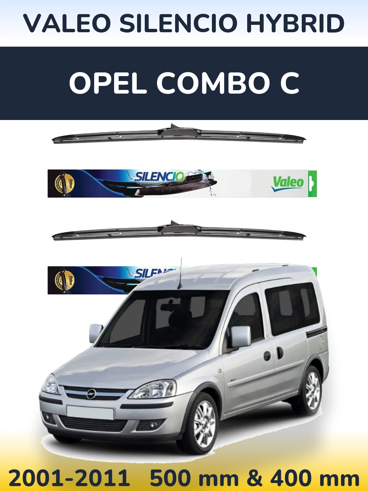 Front wiper blade set Valeo Silencio Hybrid 500 & 400 mm for Opel Combo C 2001-2011