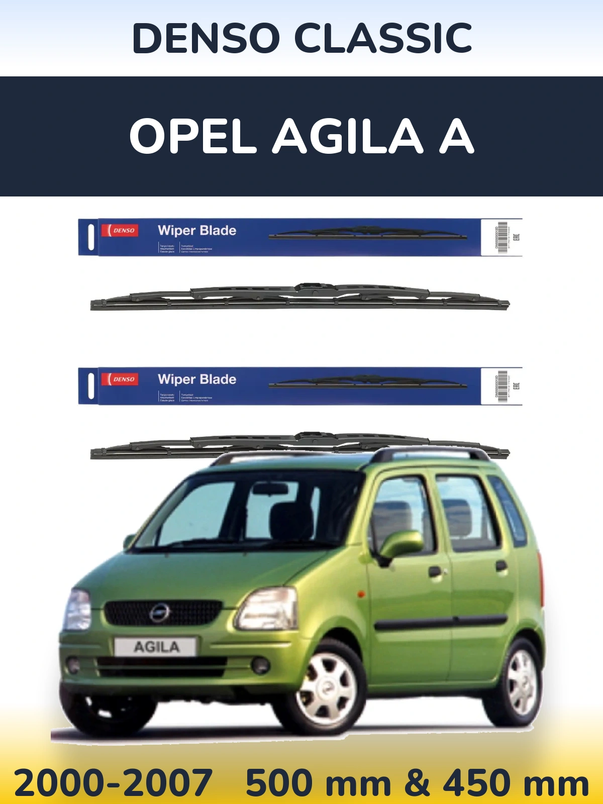 Front wiper blade set Denso Classic 500 & 450 mm for Opel Agila A 2000-2007