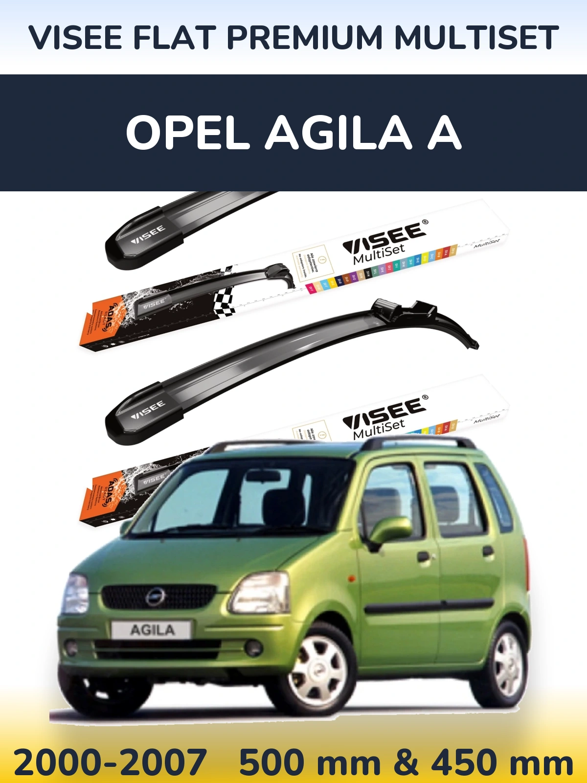 Front wiper blade set VISEE FLAT PREMIUM MultiSet 500 & 450 mm for Opel Agila A 2000-2007