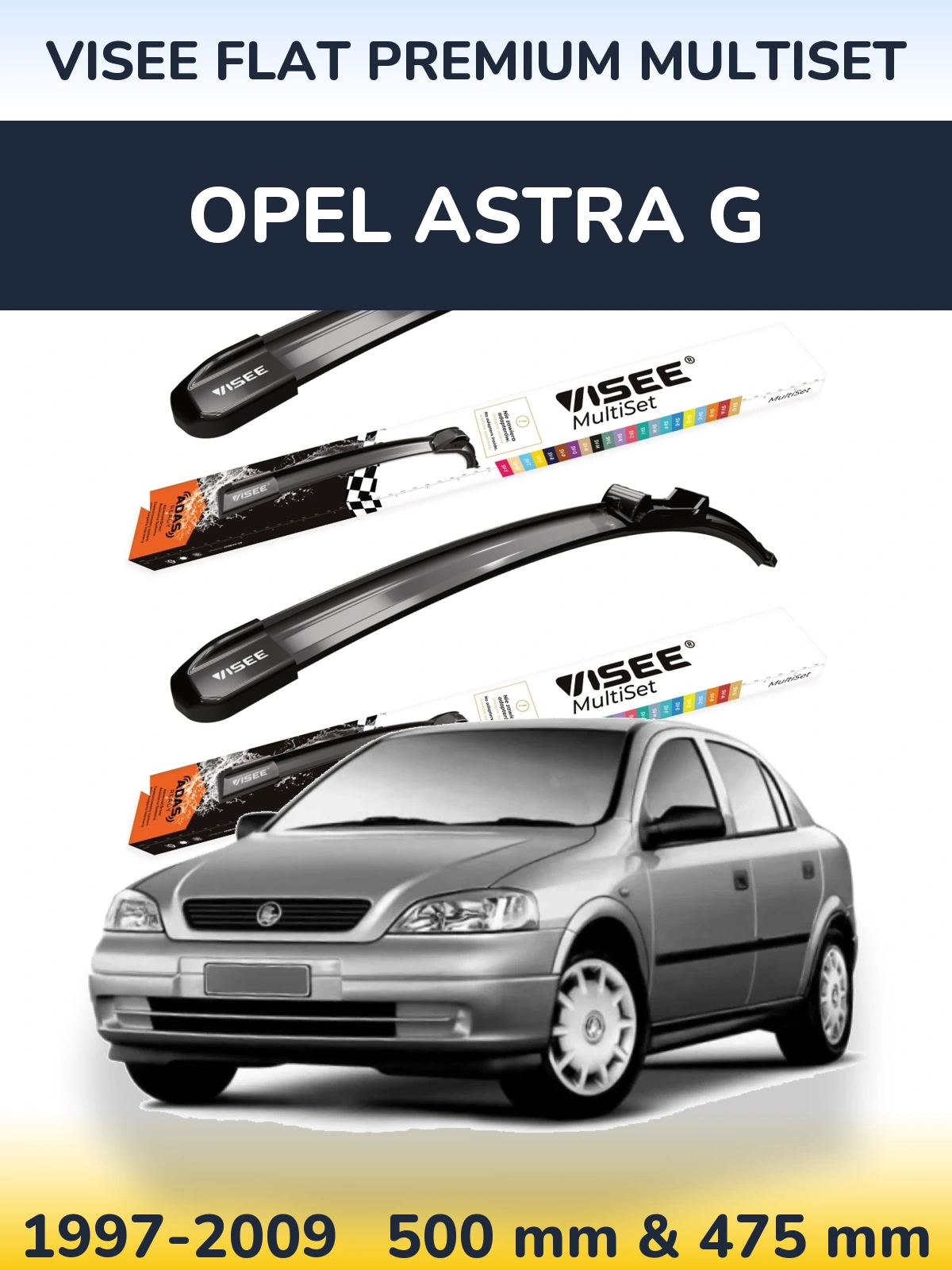 Front wiper blade set VISEE FLAT PREMIUM MultiSet 500 & 475 мм for Opel Astra G 1997-2009