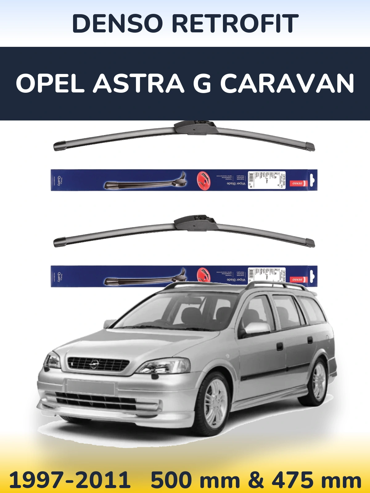 Front wiper blade set Denso Retrofit 500 & 475 mm for Opel Astra G Caravan 1997-2011