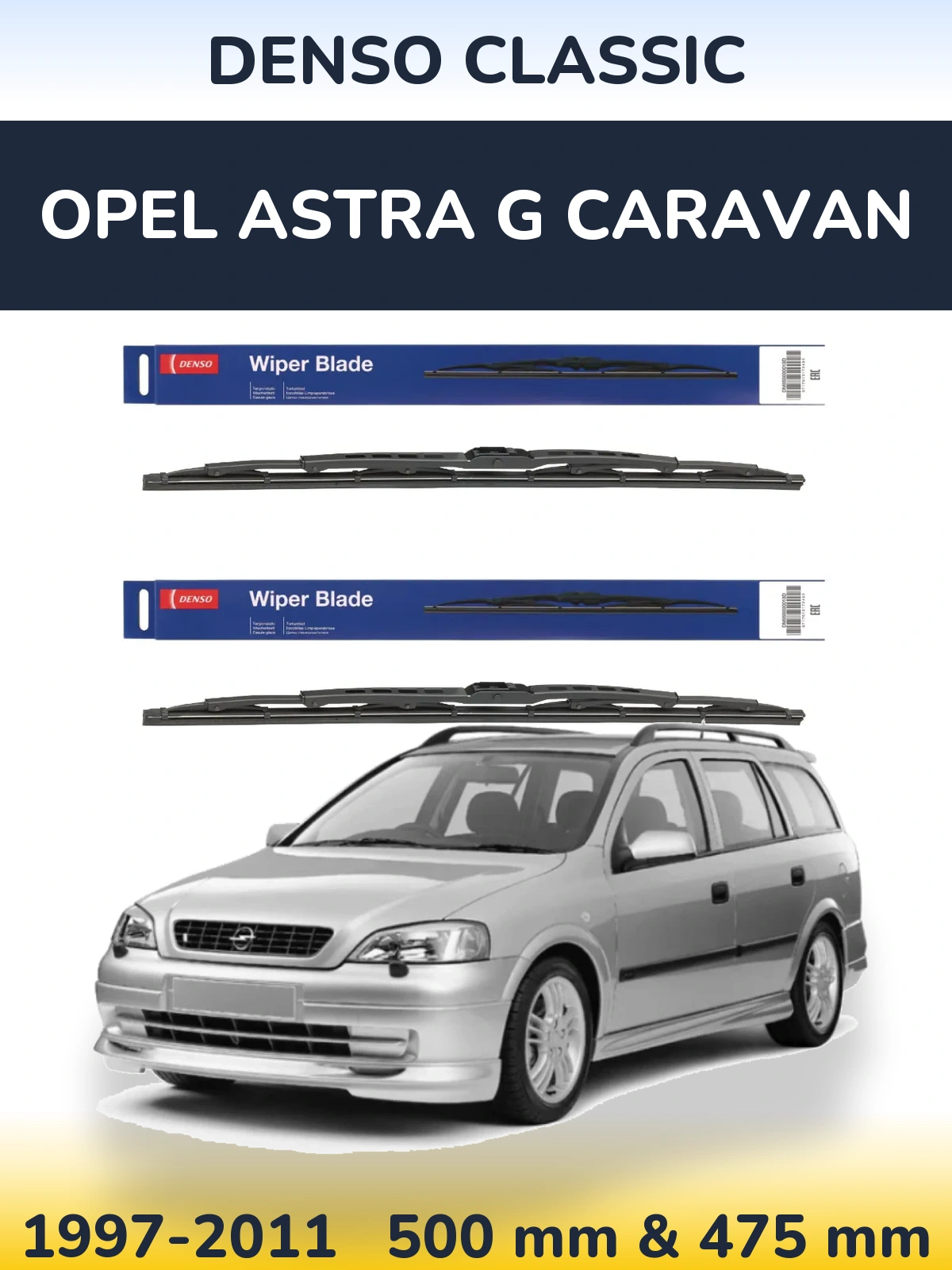 Front wiper blade set Denso Classic 500 & 475 мм for Opel Astra G Caravan 1997-2011