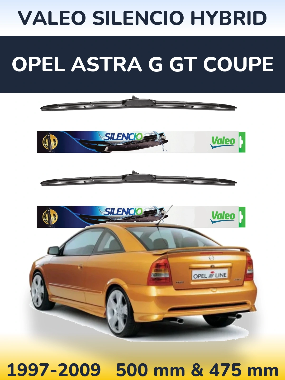 Komplet przednich wycieraczek Valeo Silencio Hybrid 500 & 475 mm do Opel Astra G GT coupe 1997-2009