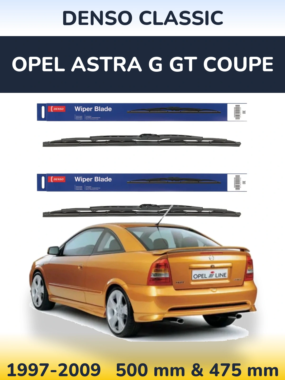 Front wiper blade set Denso Classic 500 & 475 mm for Opel Astra G GT coupe 1997-2009