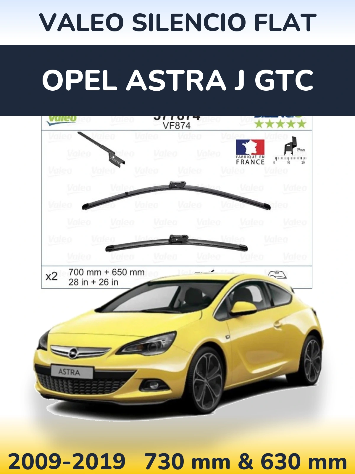Front wiper blade set Valeo Silencio Flat 700 & 650 мм for Opel Astra J GTC 2009-2019