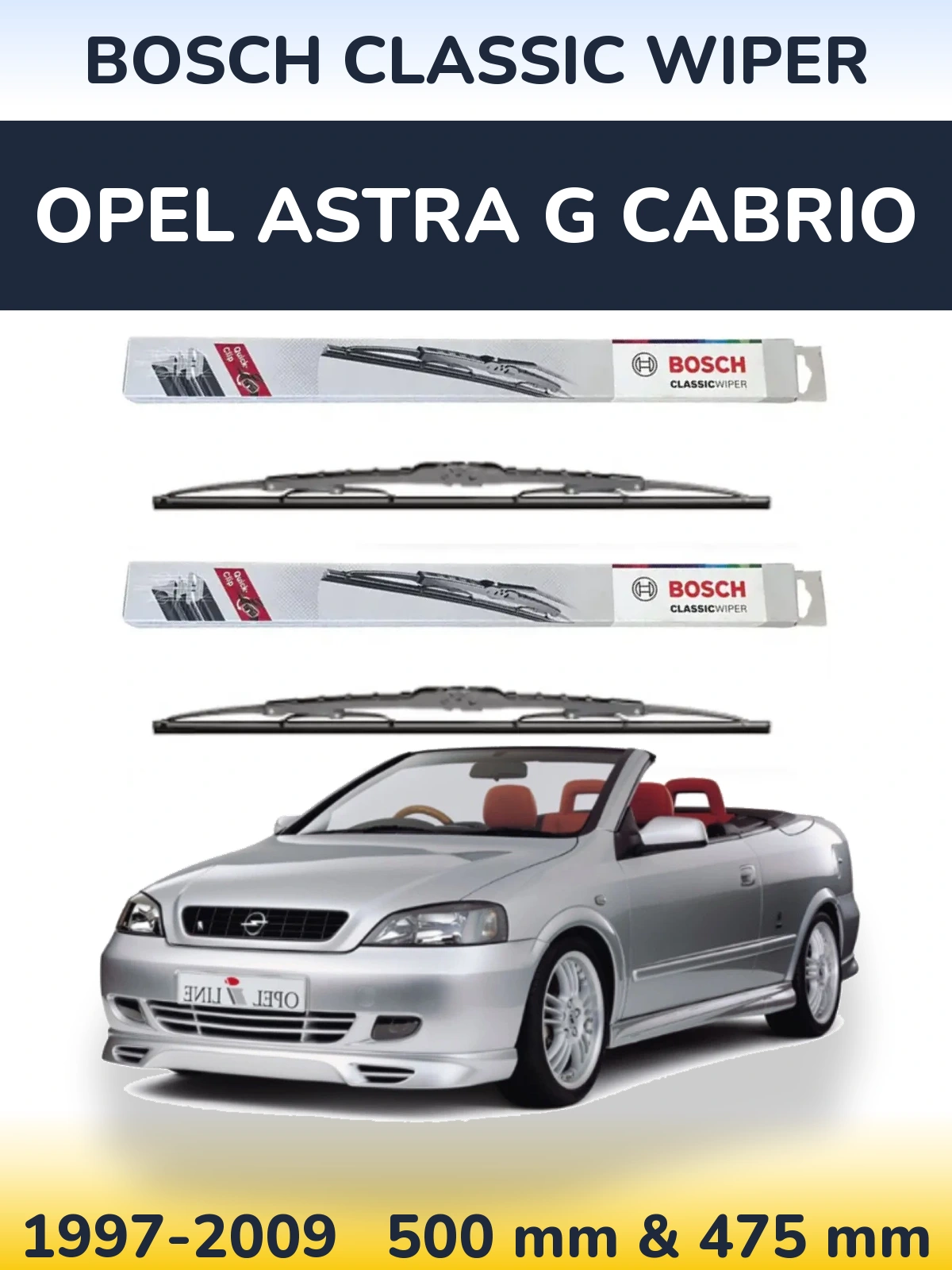 Front wiper blade set BOSCH Classic Wiper 500 & 475 мм for Opel Astra G cabrio 1997-2009