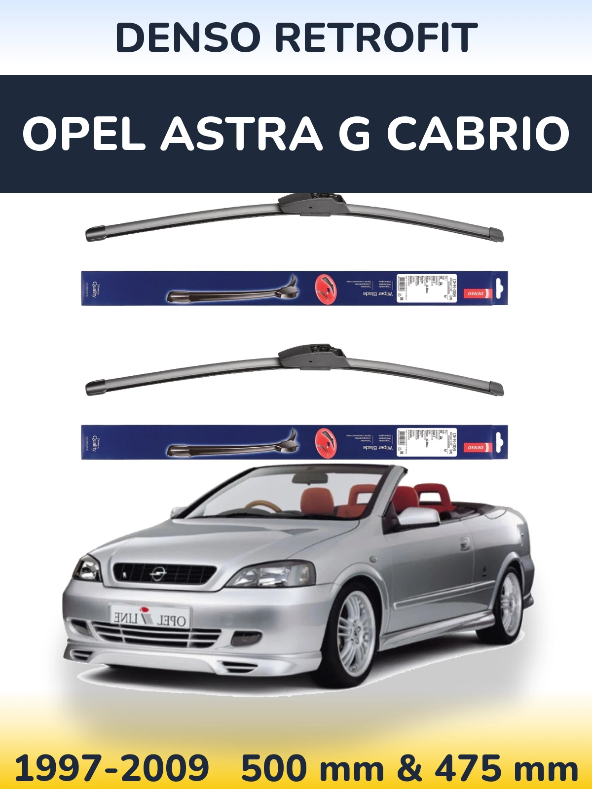 Front wiper blade set Denso Retrofit 500 & 475 mm for Opel Astra G cabrio 1997-2009