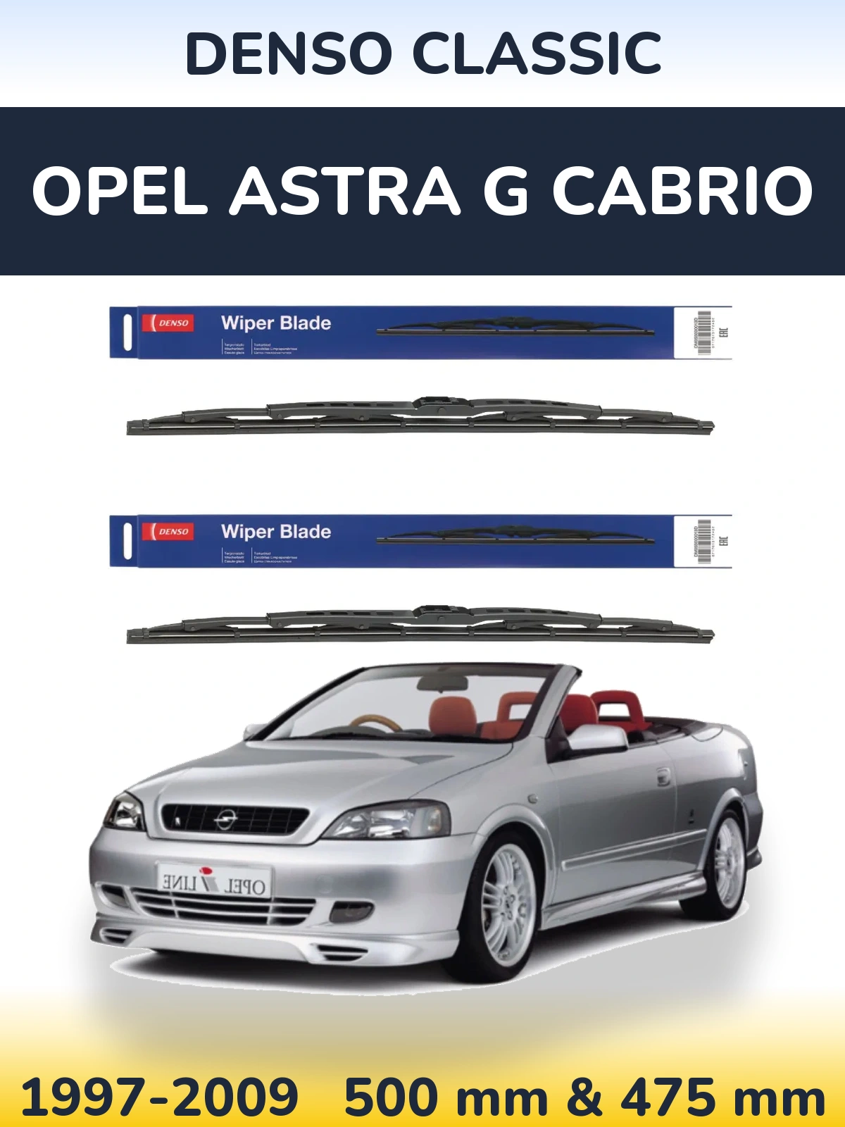 Front wiper blade set Denso Classic 500 & 475 mm for Opel Astra G cabrio 1997-2009