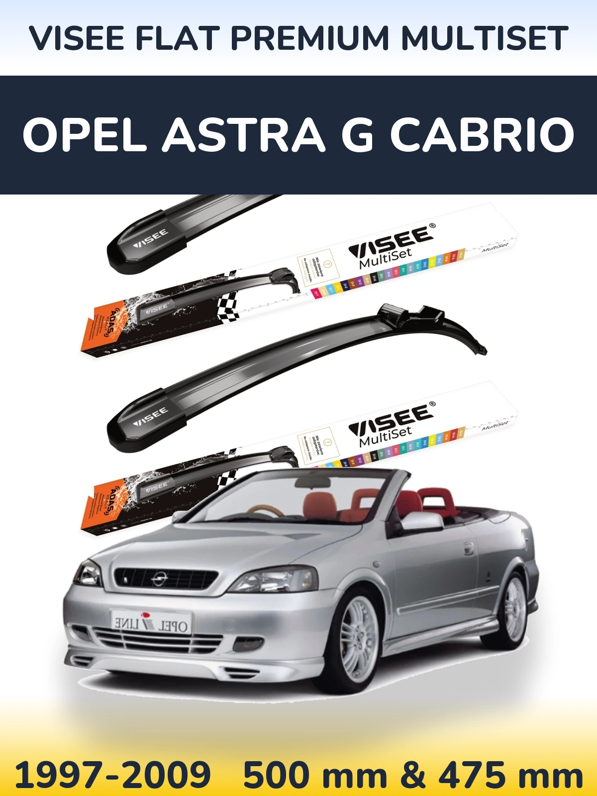 Front wiper blade set VISEE FLAT PREMIUM MultiSet 500 & 475 мм for Opel Astra G cabrio 1997-2009