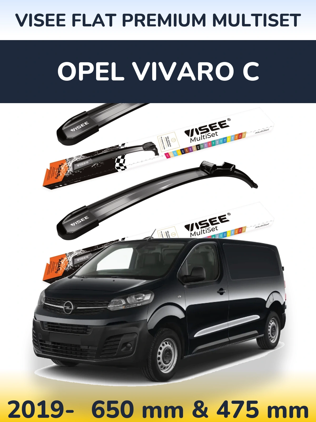 Комплект передних дворников VISEE FLAT PREMIUM MultiSet 650 & 475 мм для Opel Vivaro C 2019-2026