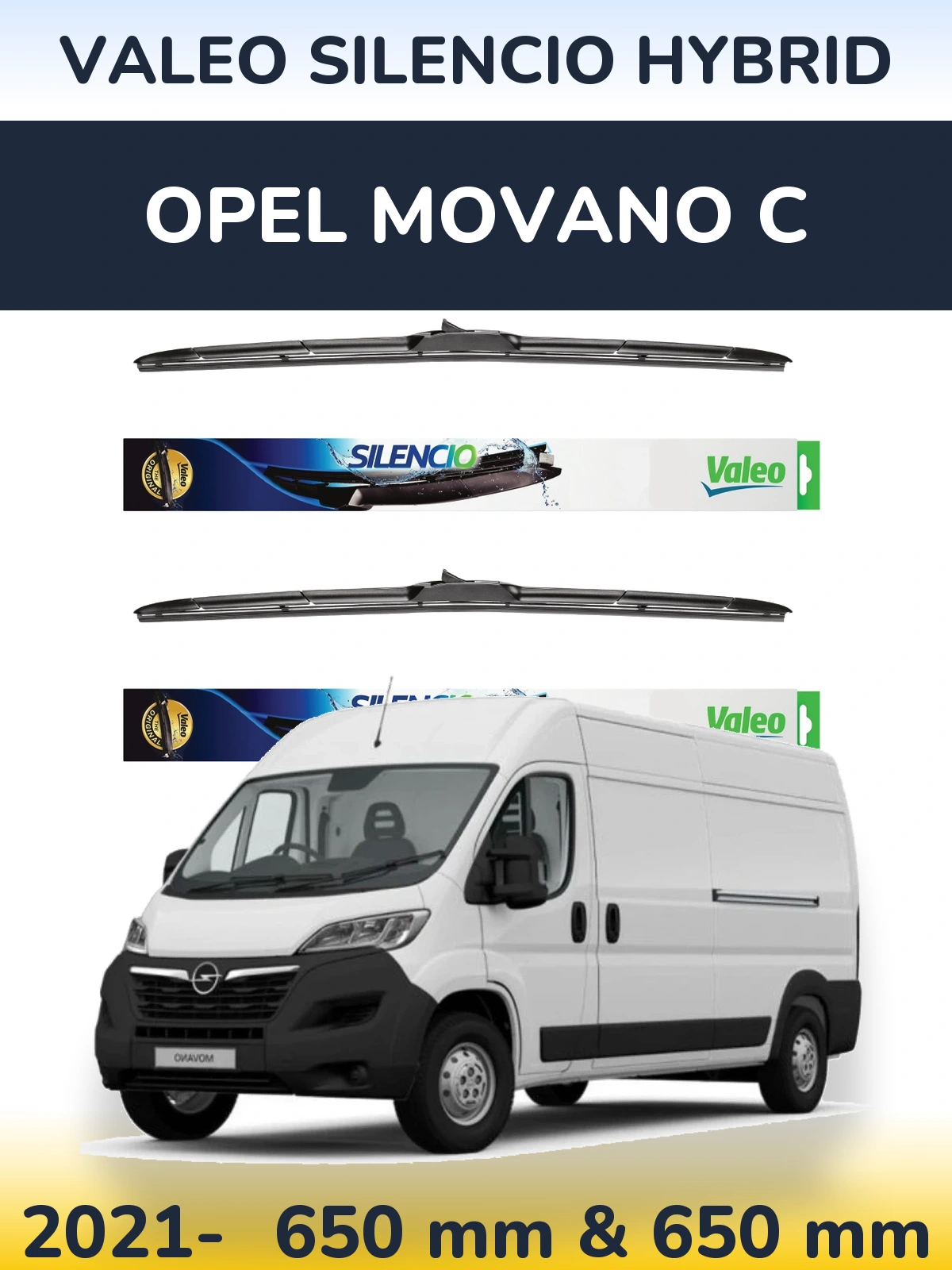 Front wiper blade set Valeo Silencio Hybrid 650 & 650 мм for Opel Movano C 2021-2026