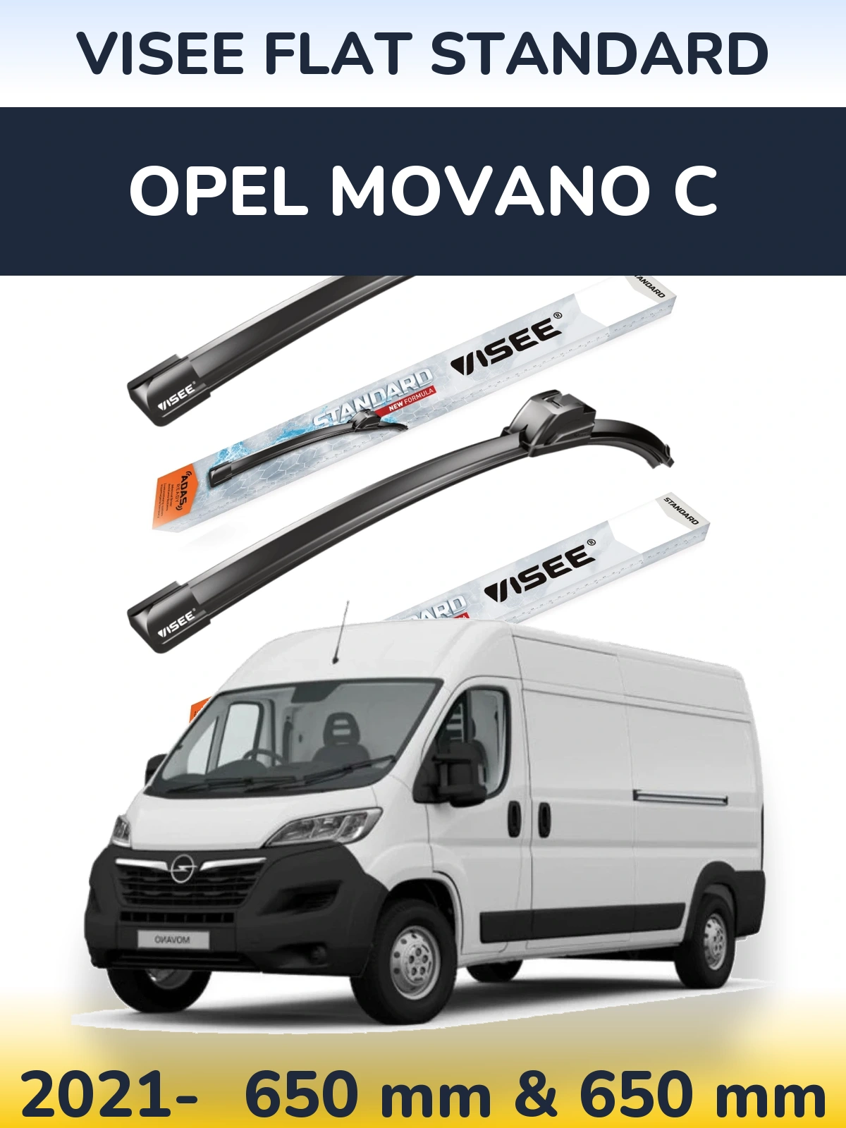 Front wiper blade set VISEE FLAT STANDARD 650 & 650 mm for Opel Movano C 2021-2026