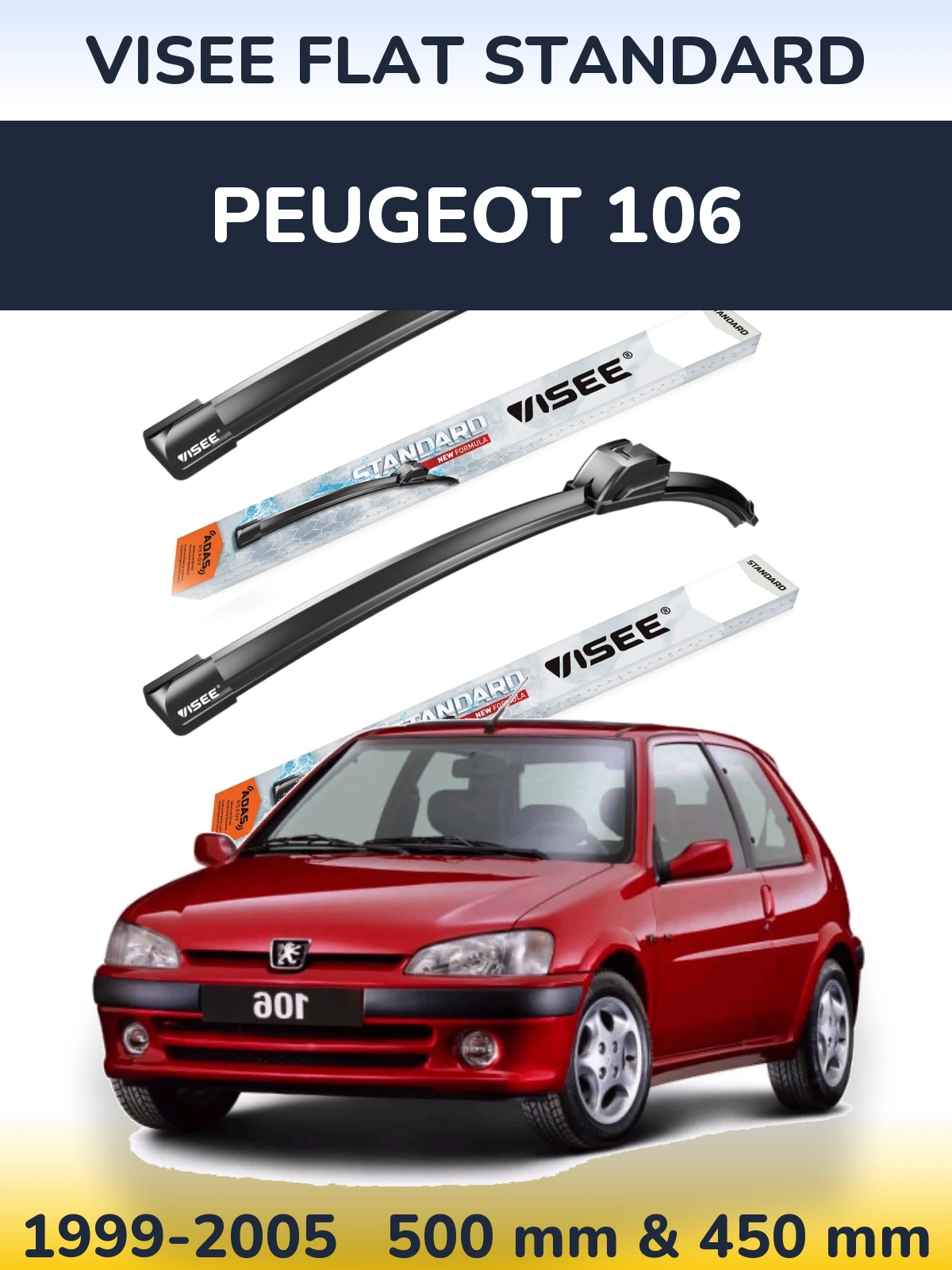 Front wiper blade set VISEE FLAT STANDARD 500 & 450 мм for Peugeot 106 1999-2005