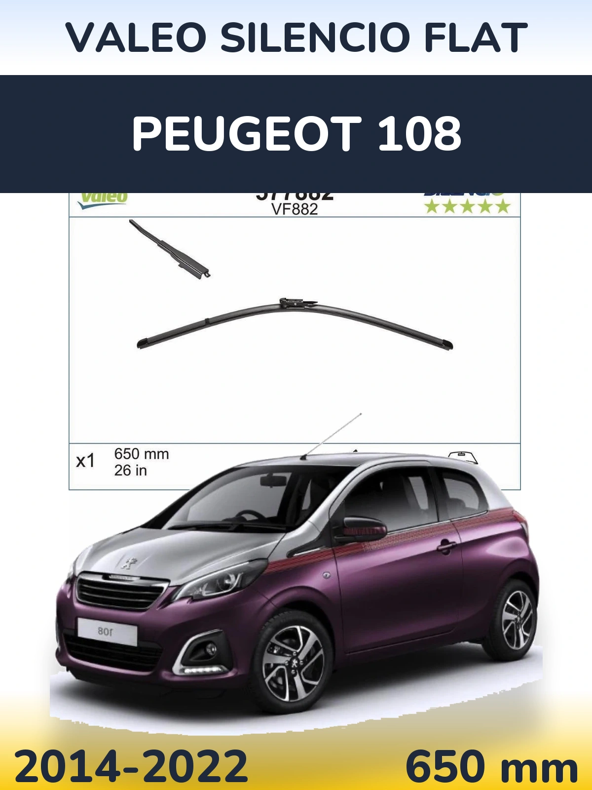 Front wiper blade Valeo Silencio Flat 650 мм for Peugeot 108 2014-2022