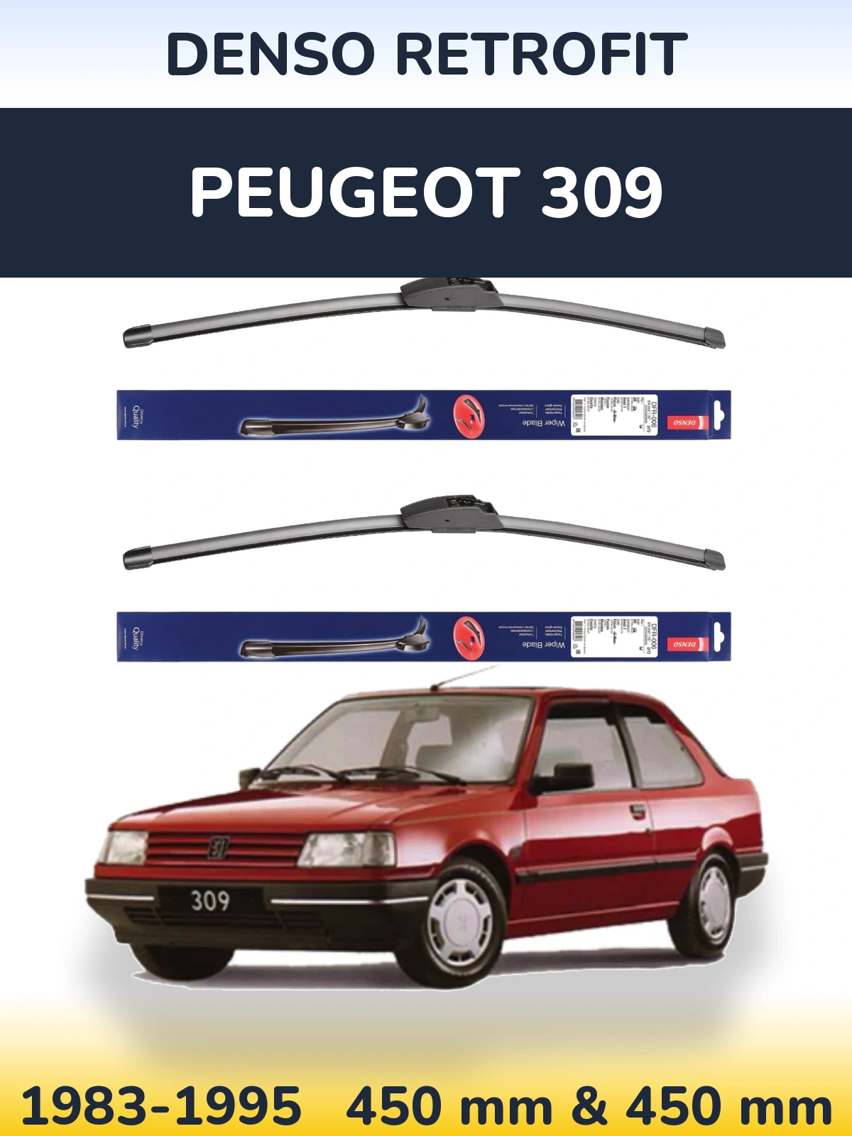 Front wiper blade set Denso Retrofit 450 & 450 mm for Peugeot 309 1983-1995